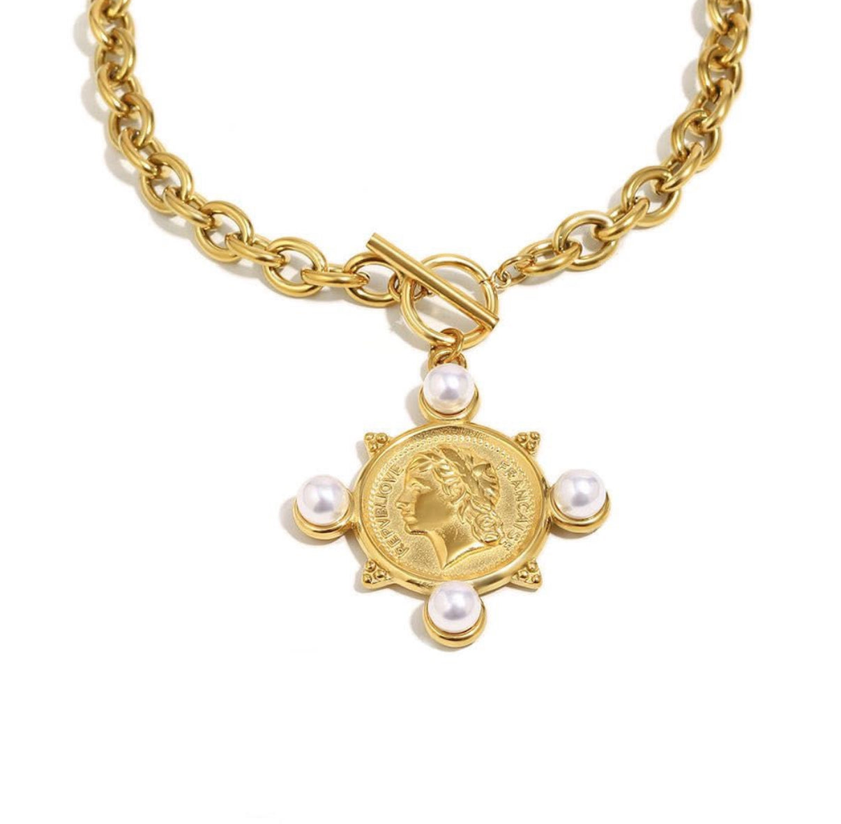 Pearl Coin Toggle Chain Necklace