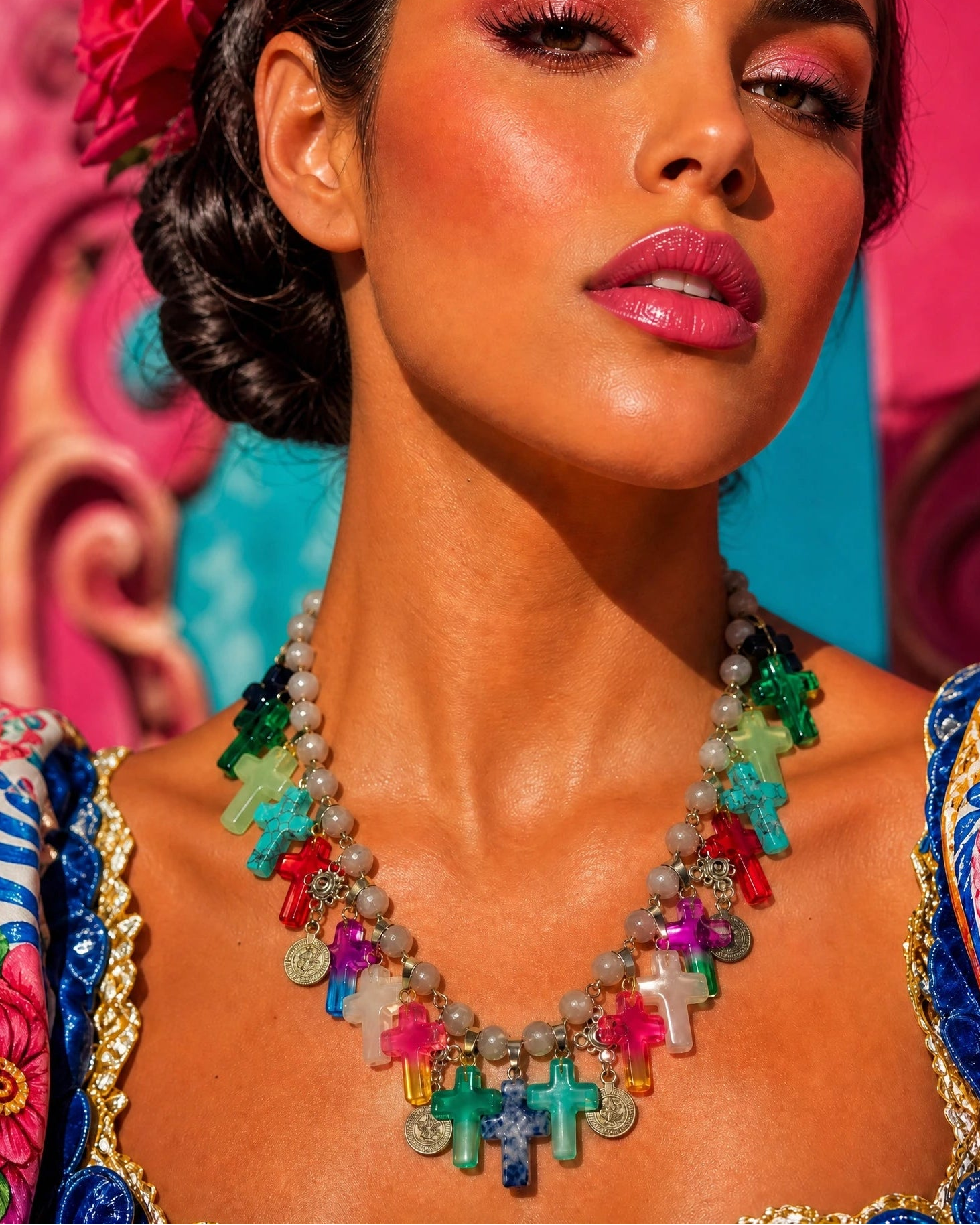 Woman wearing a colorful necklace with a vibrant background