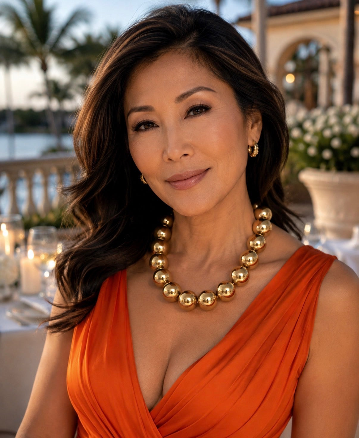A woman wearing a bright orange draped dress and a chunky gold beaded necklace, photographed in an elegant outdoor setting at dusk.