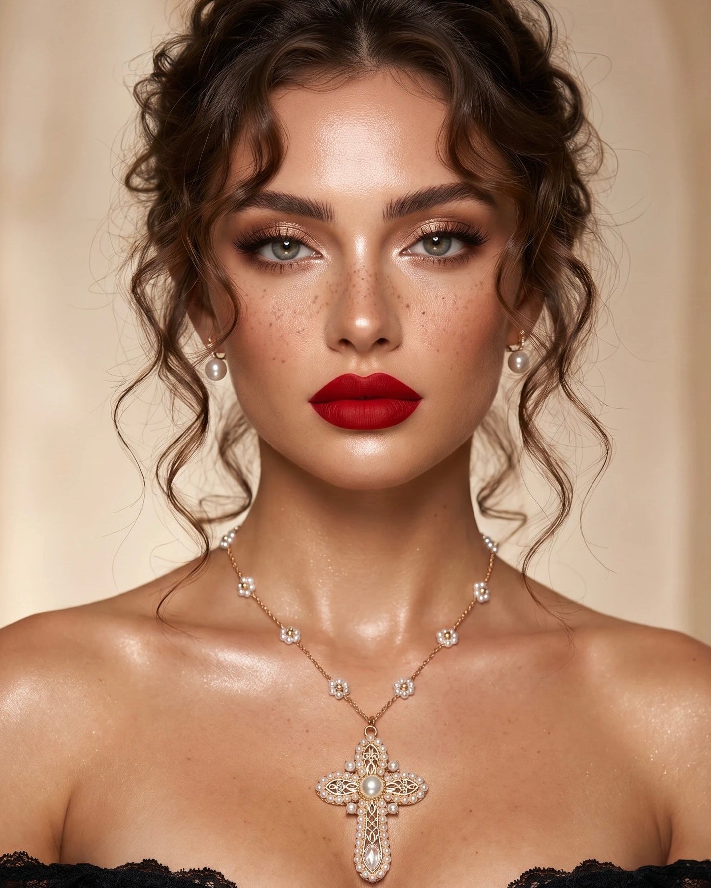 Woman wearing a necklace with a large pendant against a beige background