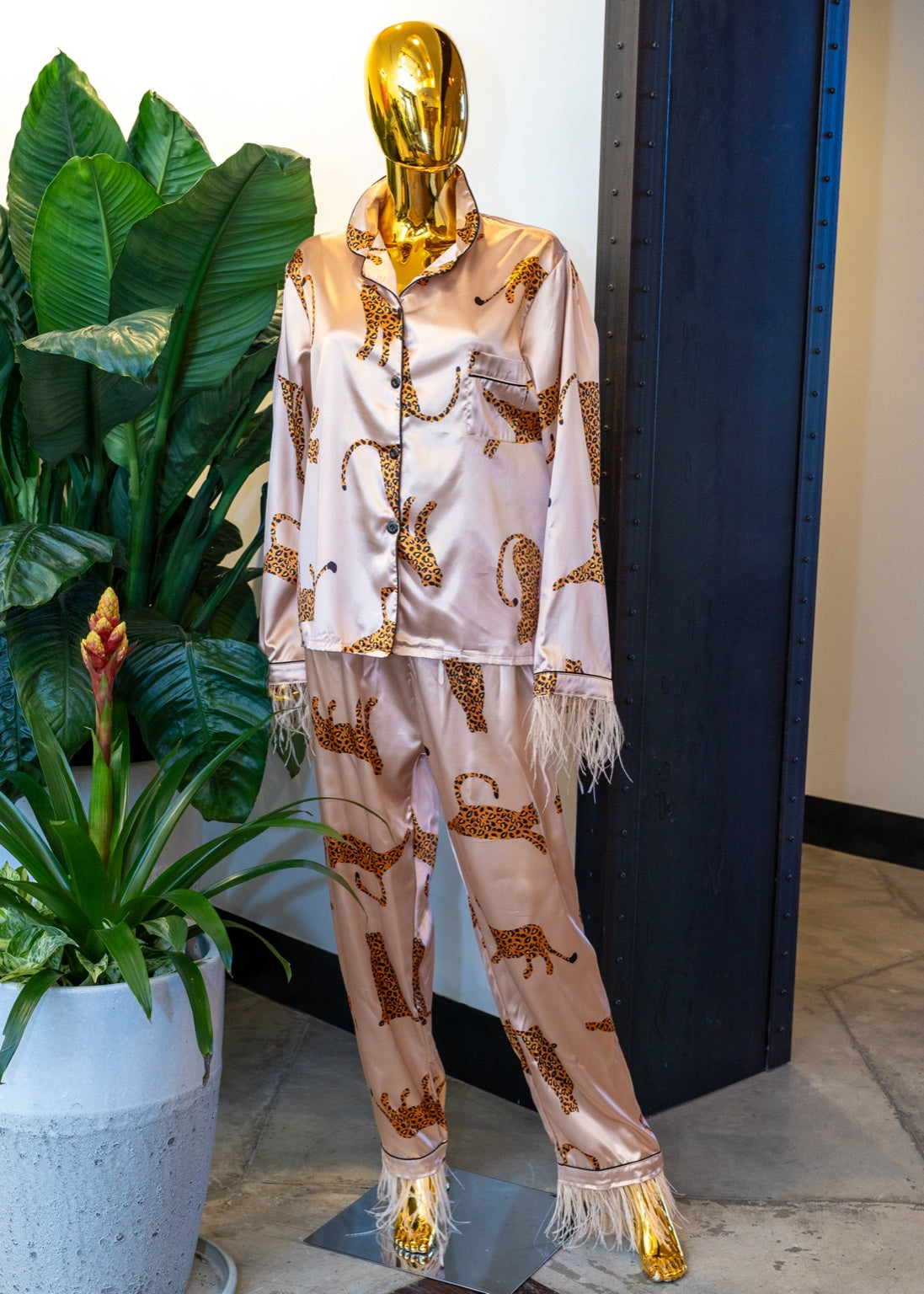 Champagne Leopard Feather Pajama Set