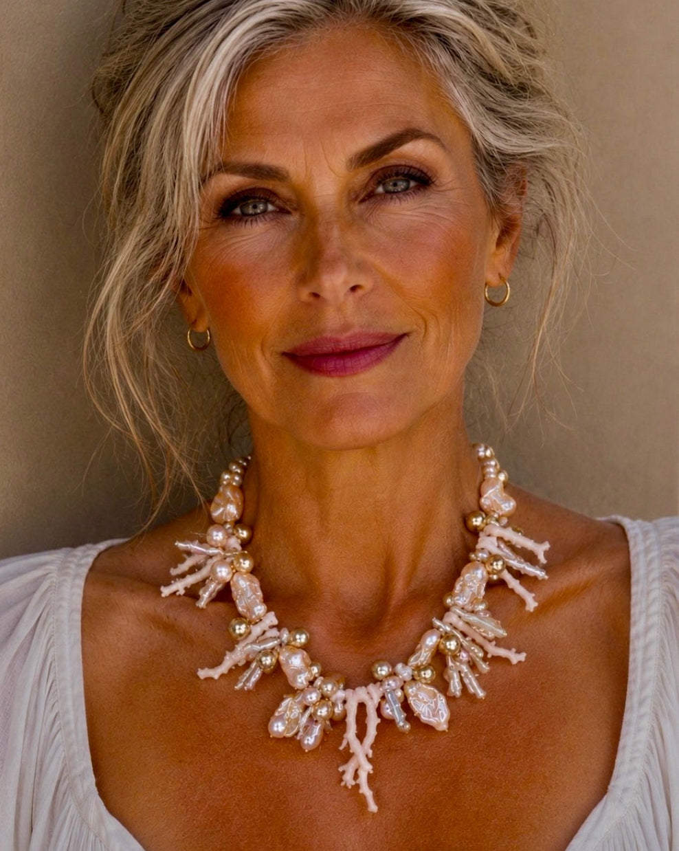 Statement necklace with blush pearl and coral