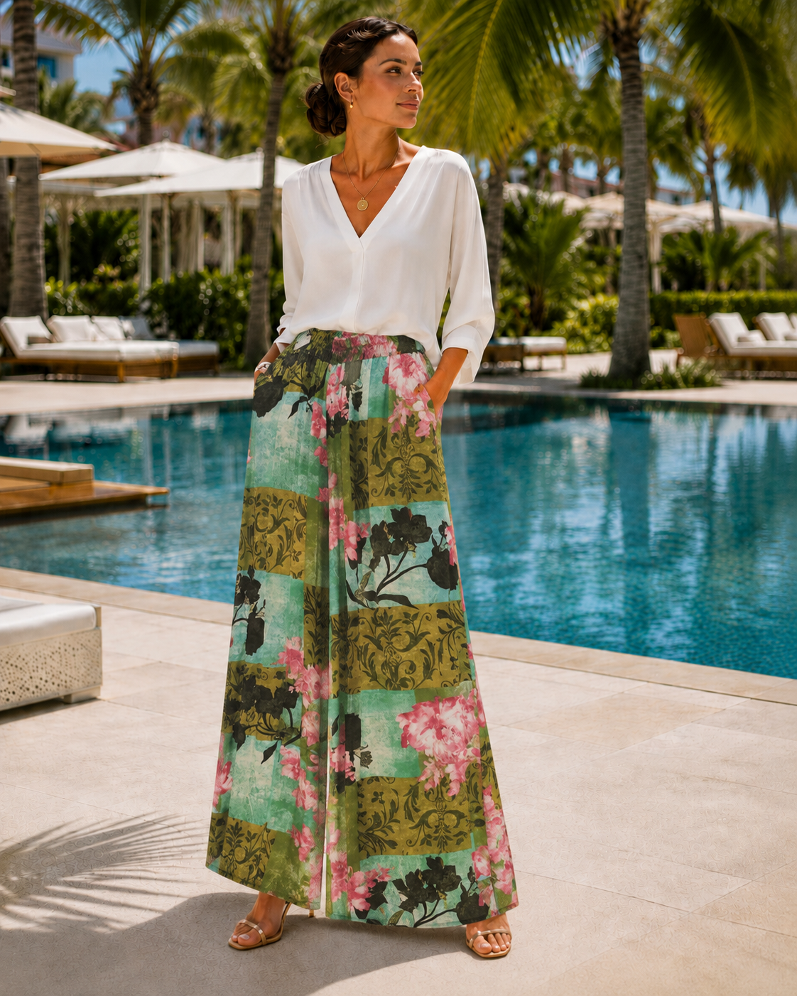 A woman stands by a resort pool wearing a white blouse and a long, wide-leg maxi skirt with a multicolor patchwork floral print. The skirt features olive green, pink, and teal tones with black botanical motifs.