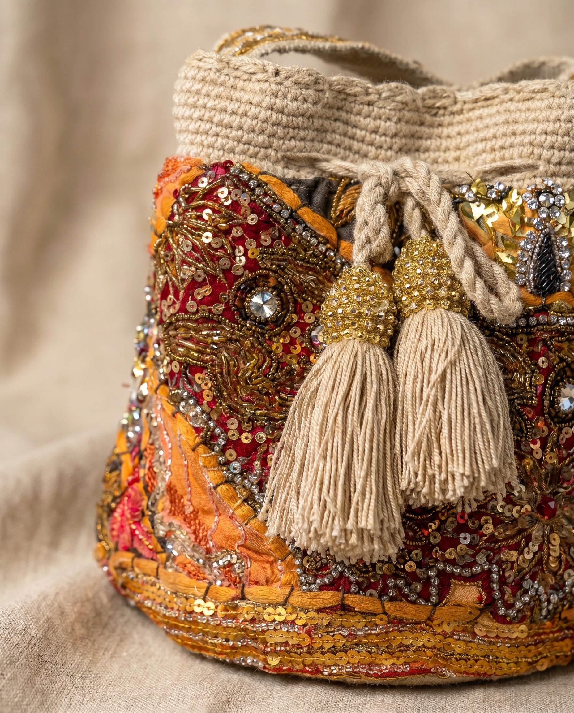 Embroided Bucket Bag- Beige Background