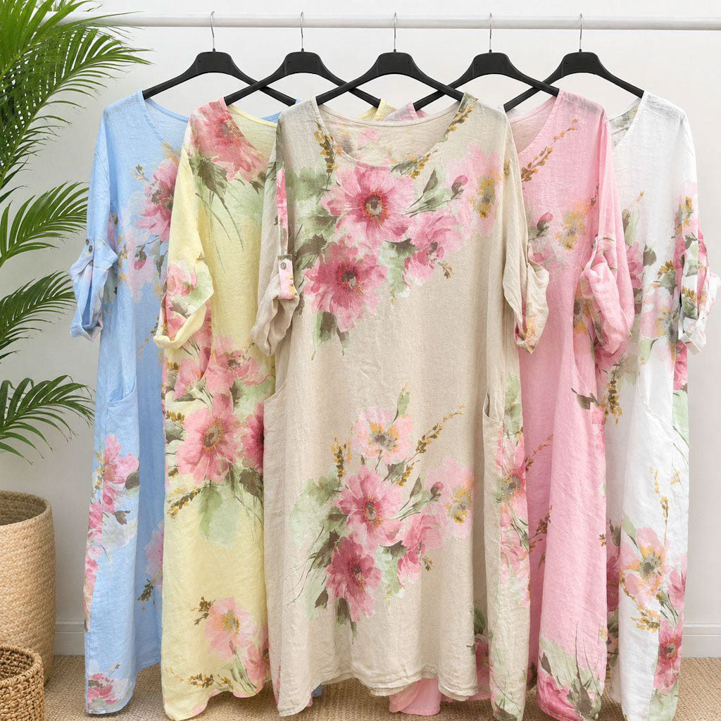 Watercolor Floral Linen Maxi Dress