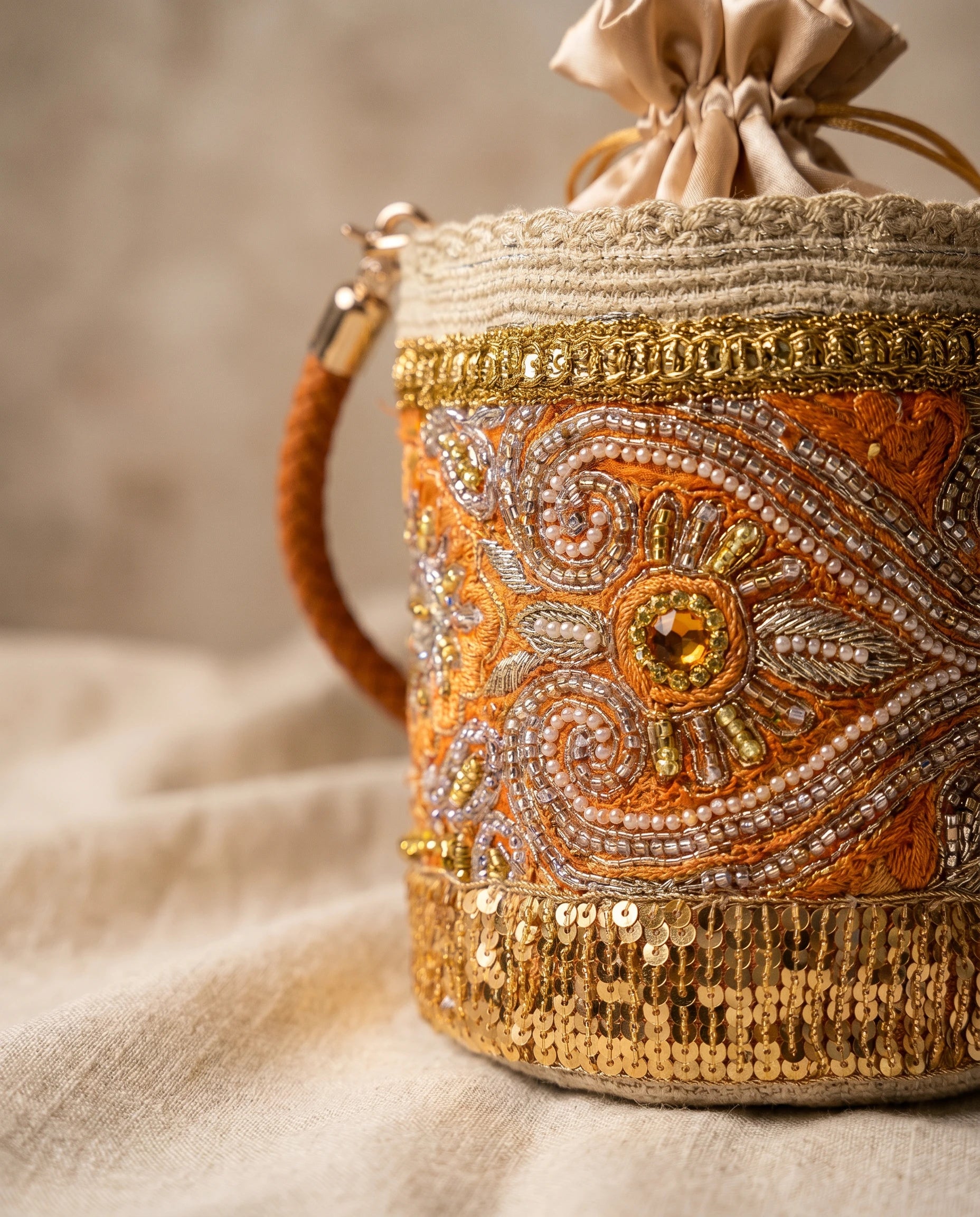 Amber Embroidered Mini Bag with Leather Handle