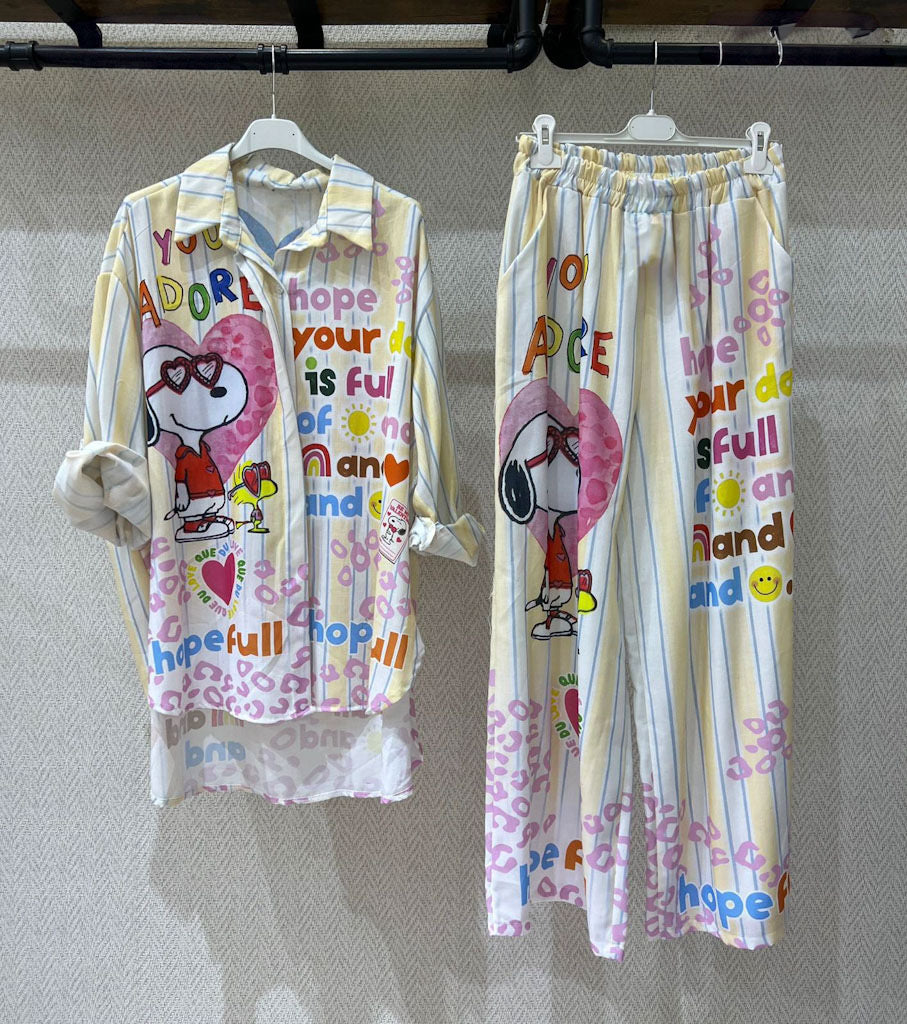 Snoopy “You Are Adored” Stripe Shirt & Wide-Leg Pant Set