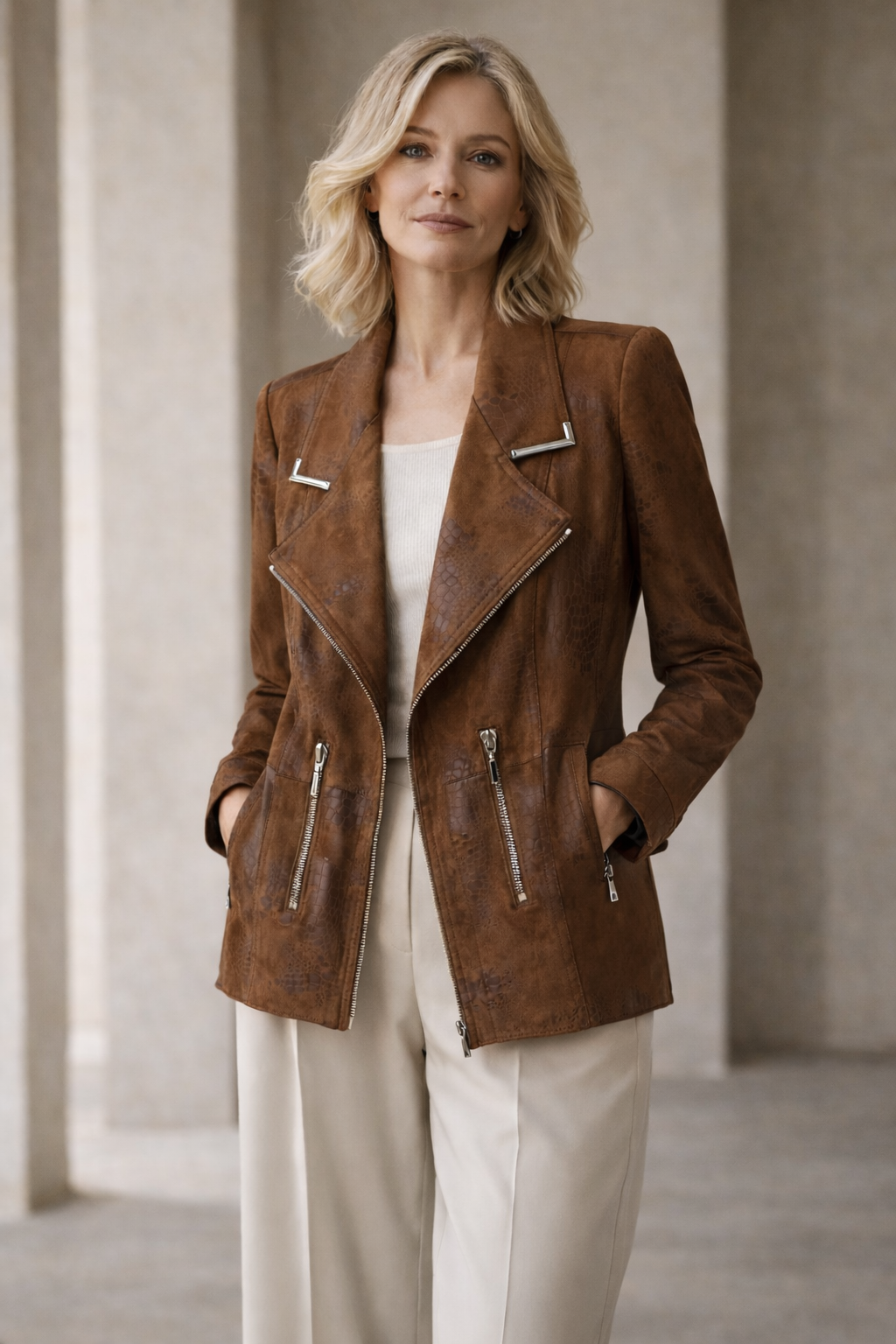 Cocoa Croc-Textured Moto Jacket