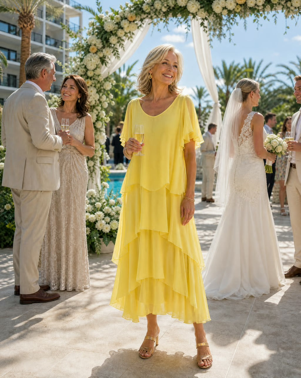 A woman in a bright yellow tiered dress stands outdoors at a wedding reception under a floral arch, holding a glass of champagne. Guests, including a bride in a white gown, are visible in the background near a pool.