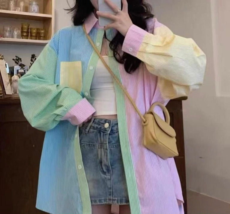 Pastel Patchwork Striped Oversized Shirt