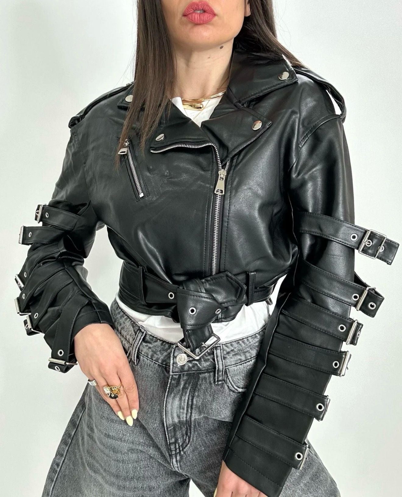 Belted Moto Jacket with Buckle Sleeve Detail