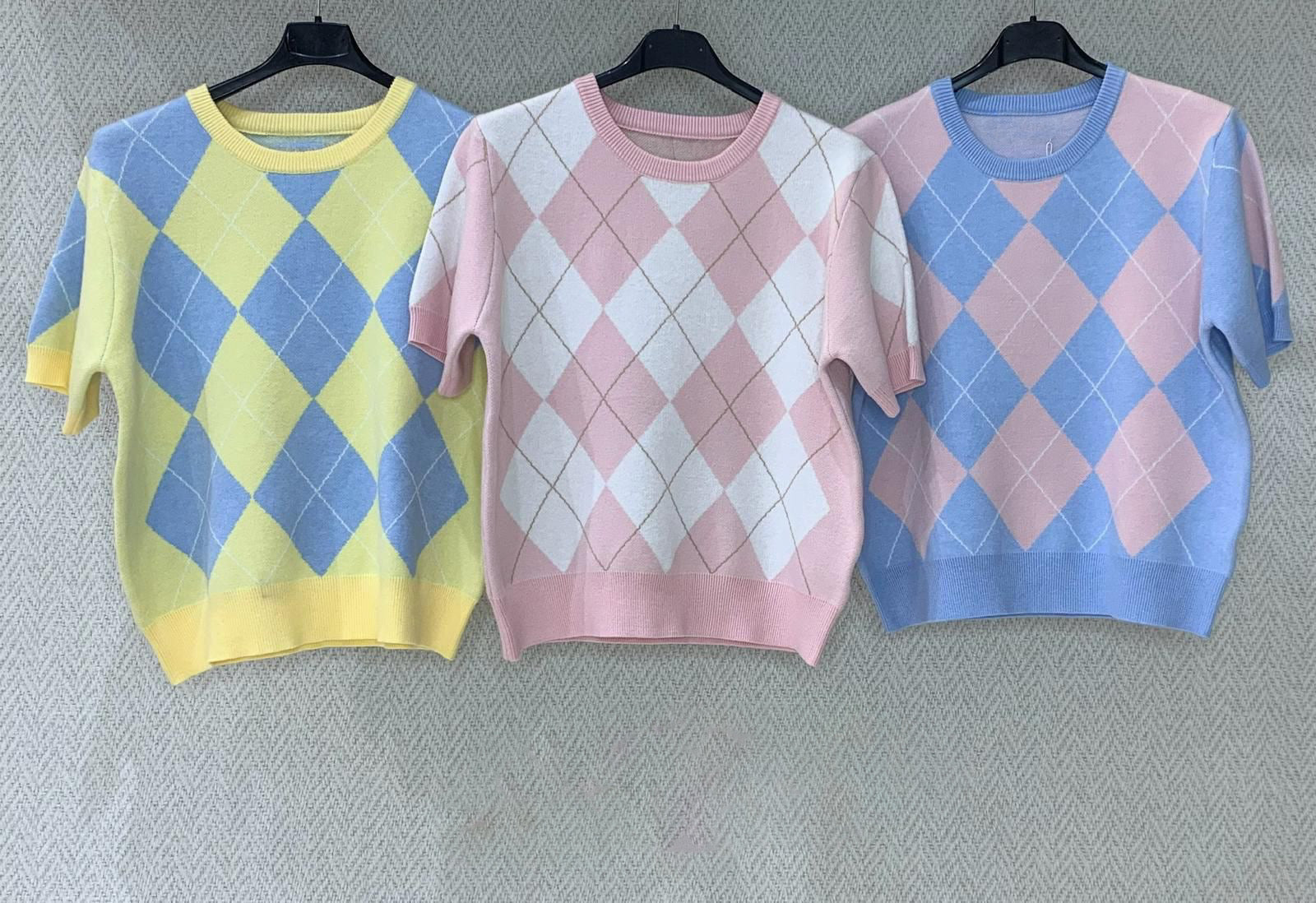Short-Sleeve Argyle Knit Top
