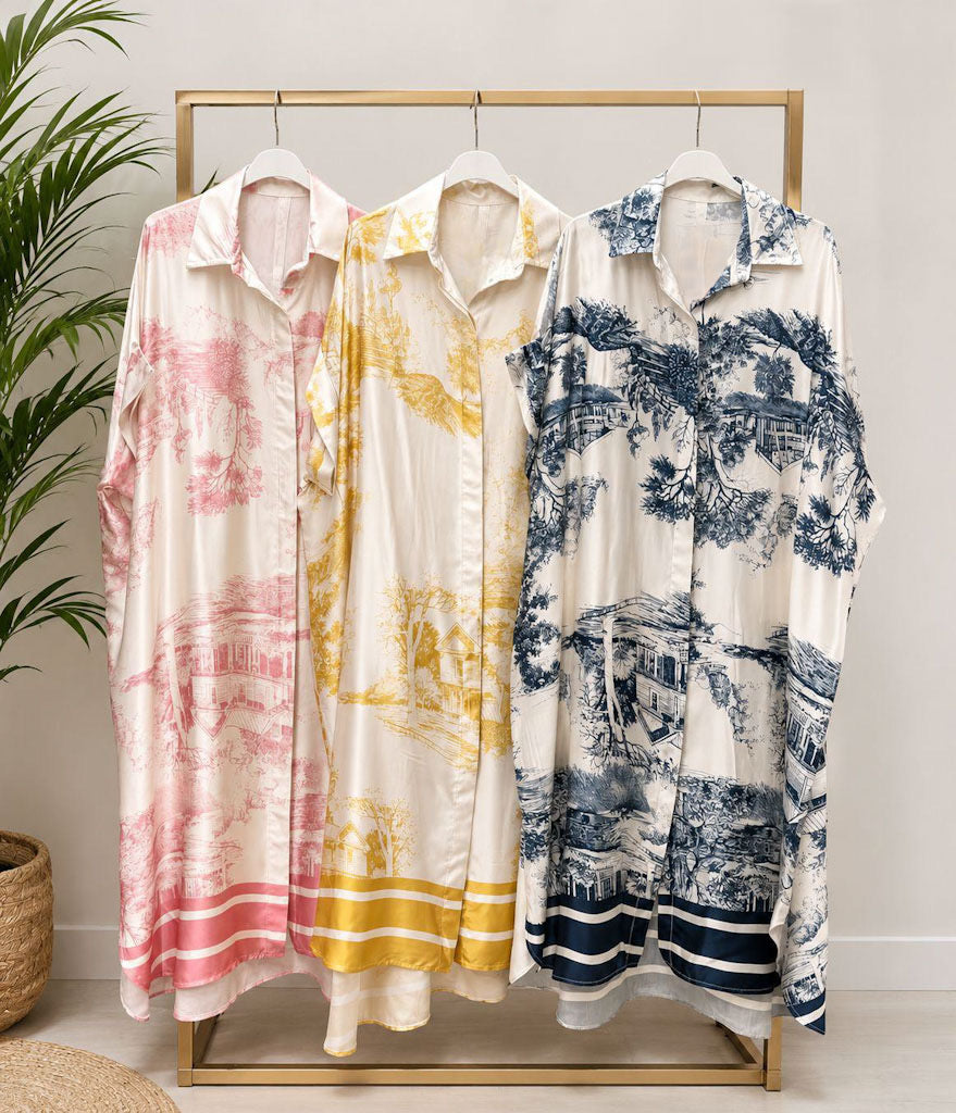 Toile Print Silk Maxi Shirt Dress