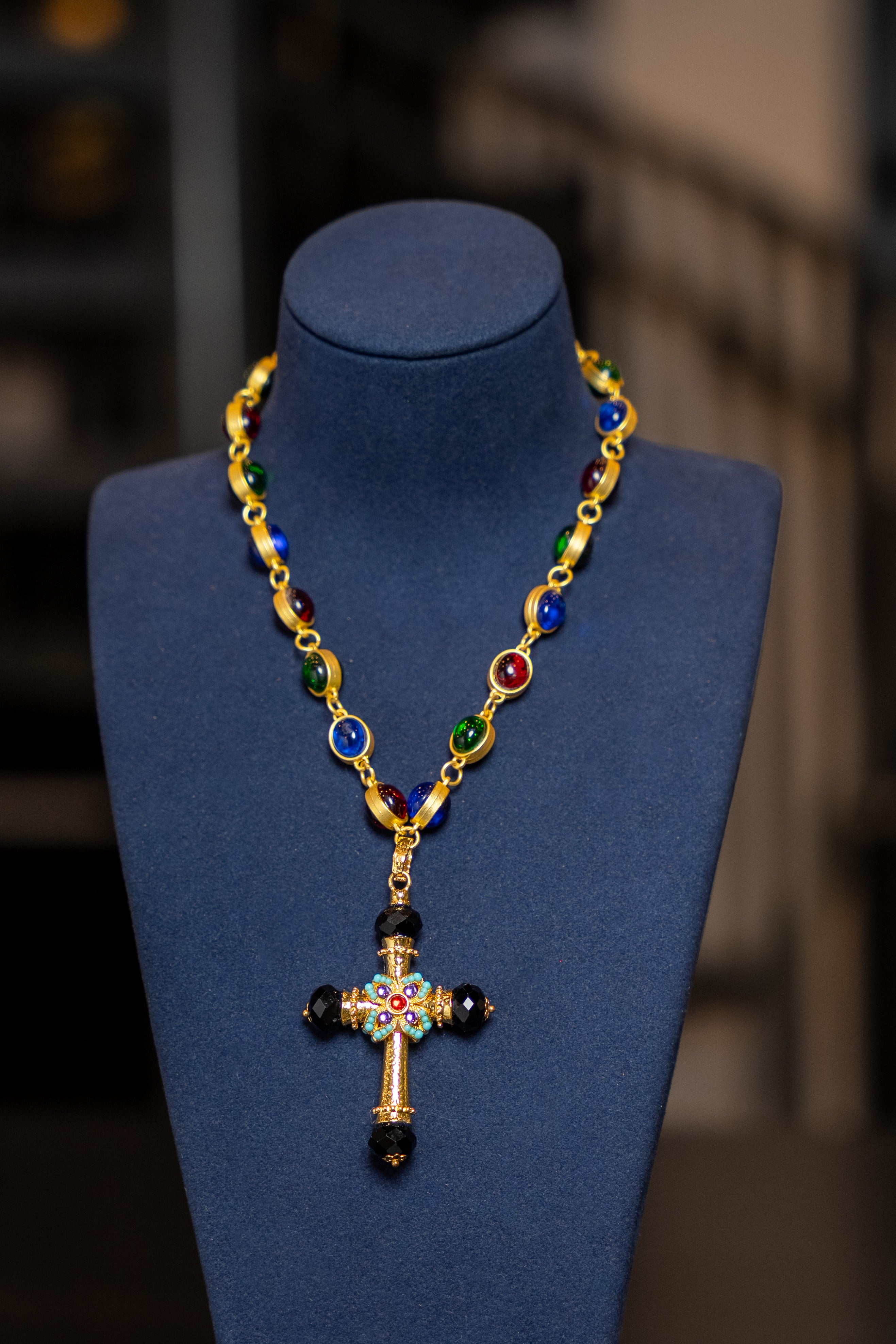 Multicolor Cabochon Cross Statement Necklace