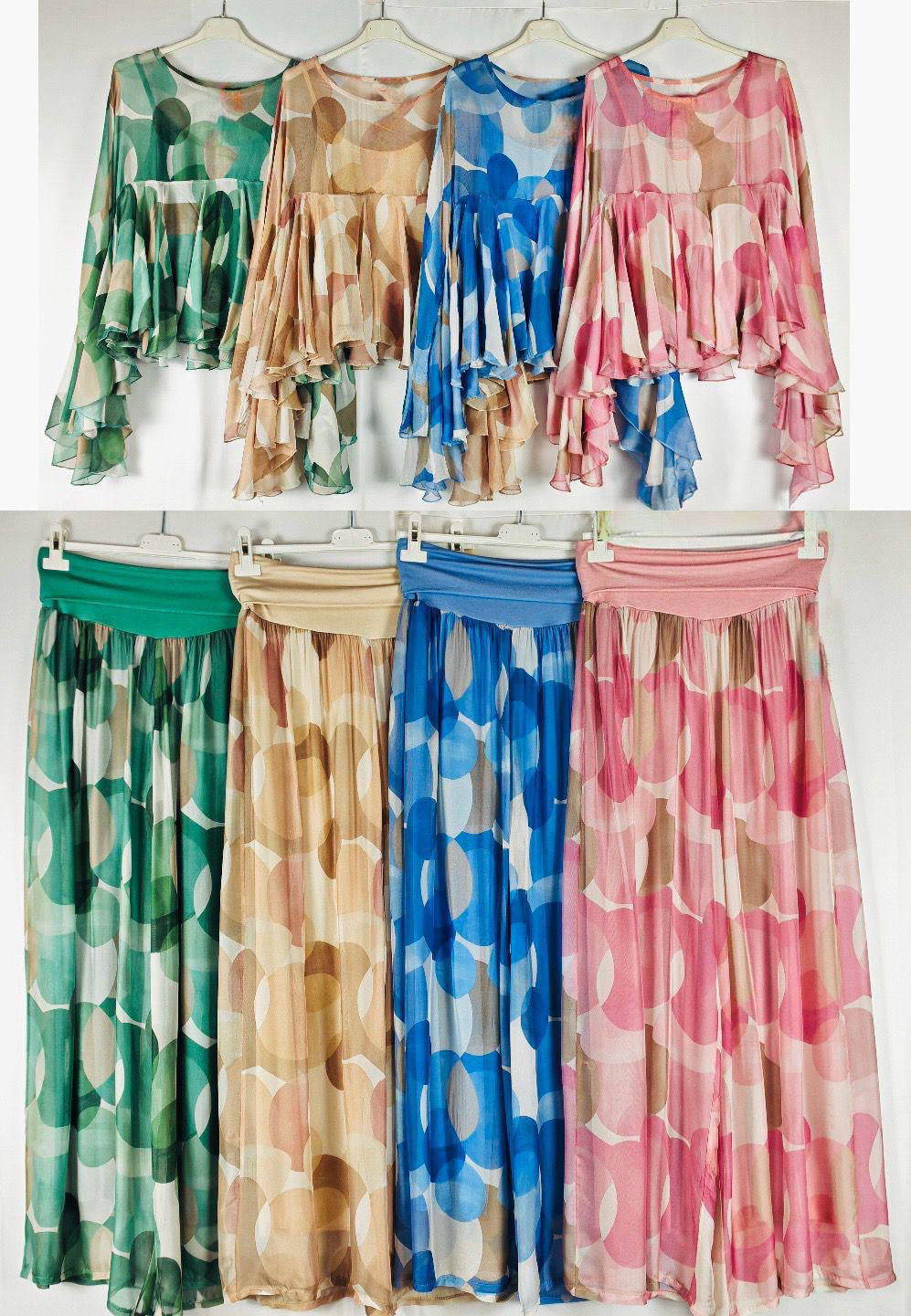 Abstract Sheer Blouse & Flowing Maxi Pant Set