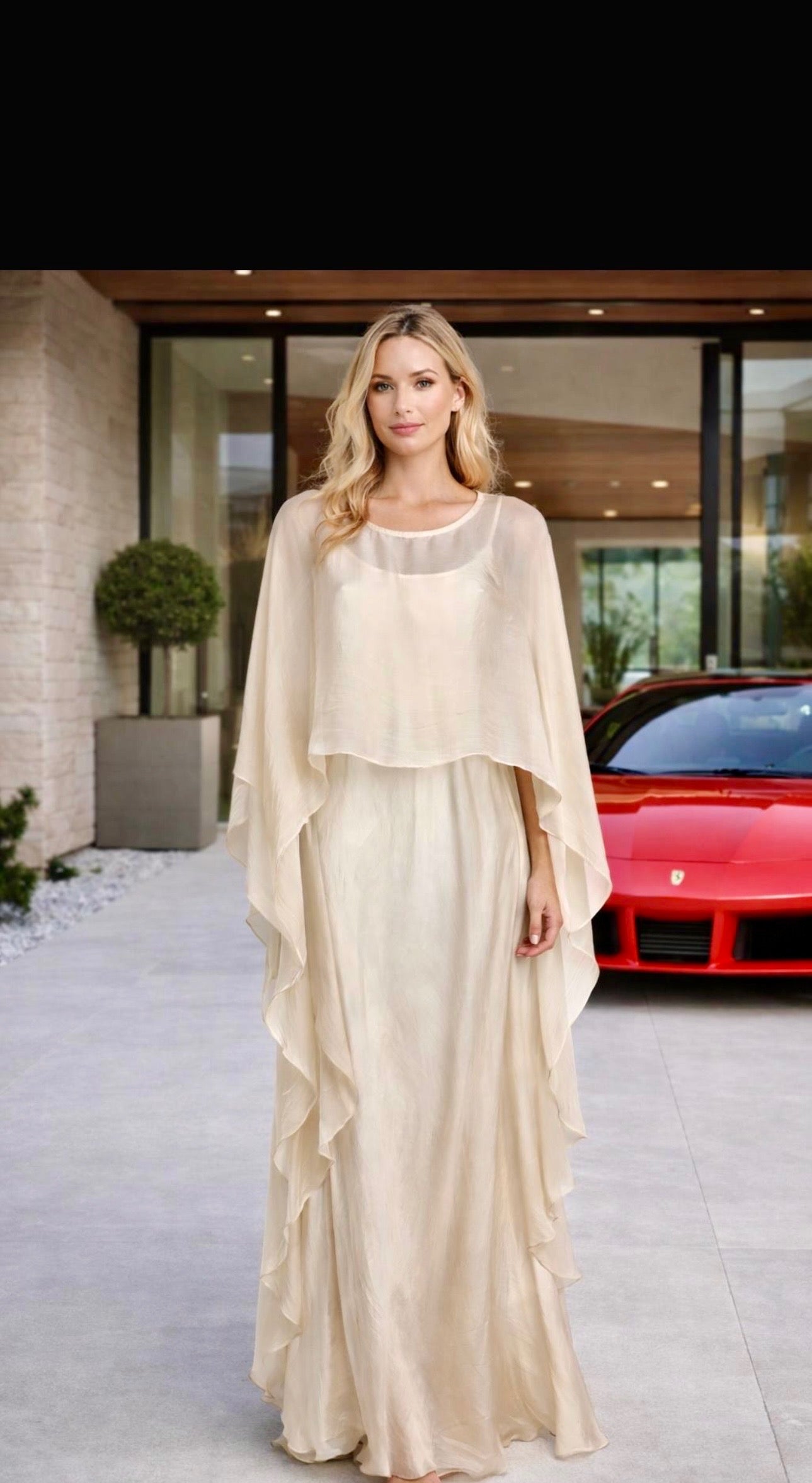 Ivory Layered Cape Maxi Dress