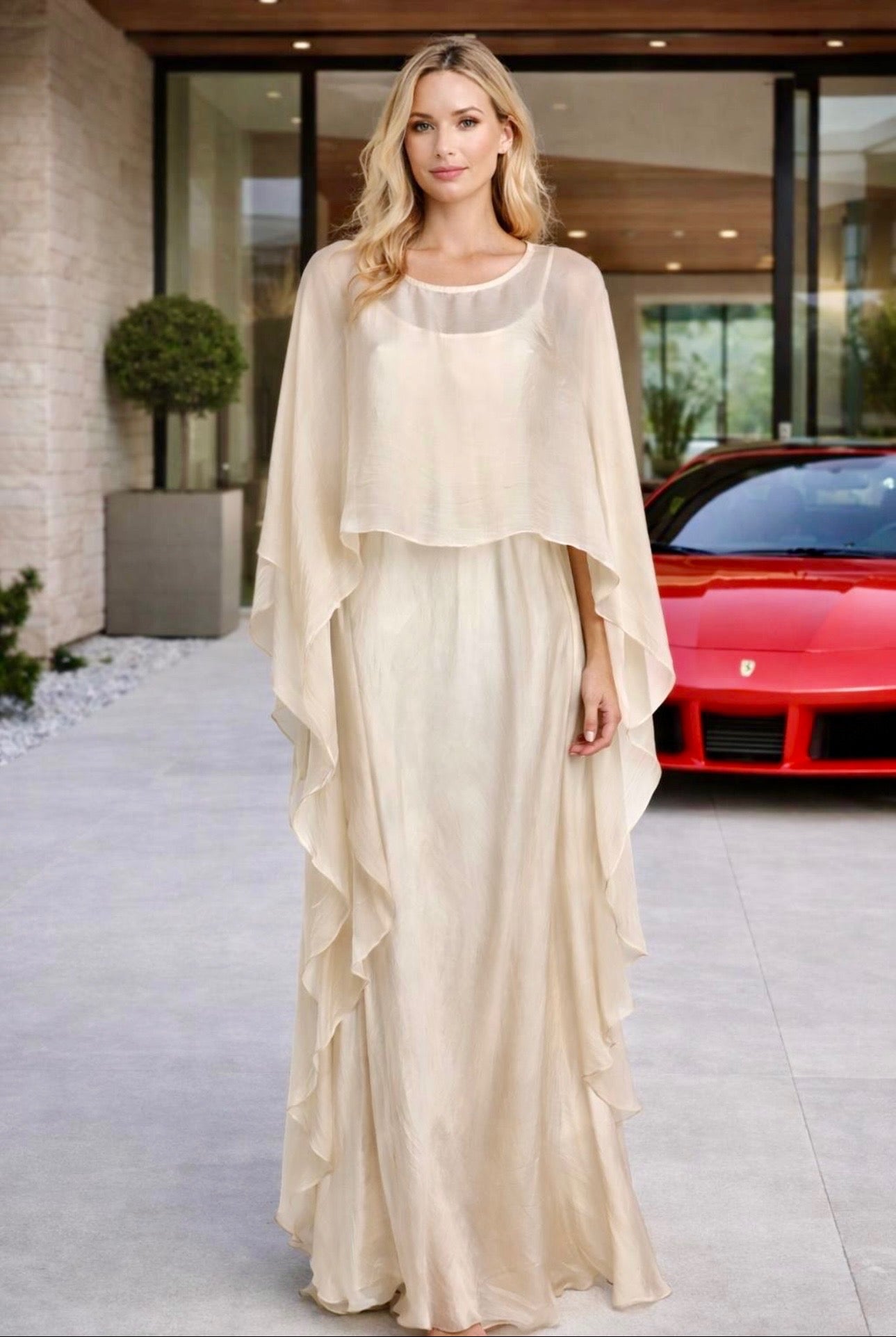 Ivory Layered Cape Maxi Dress Yellow / One size