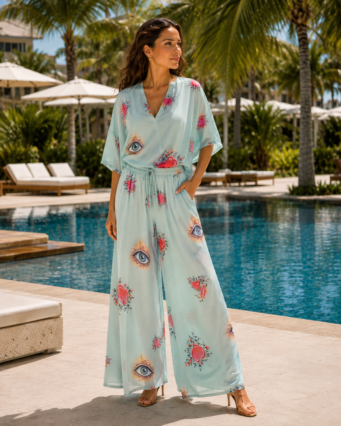 A woman stands by a resort pool wearing a light aqua wide-leg jumpsuit with a pink and gold eye and floral print. The background features palm trees, lounge chairs, and a swimming pool.