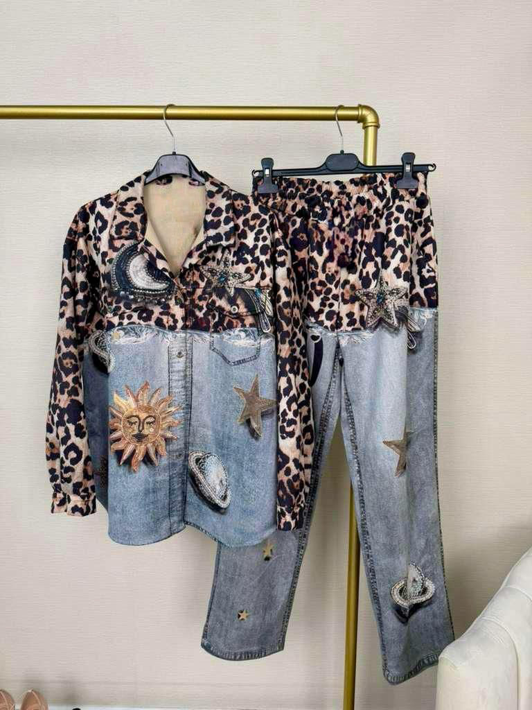 Leopard & Denim Embellished Set