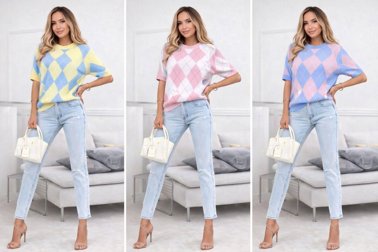 Short-Sleeve Argyle Knit Top