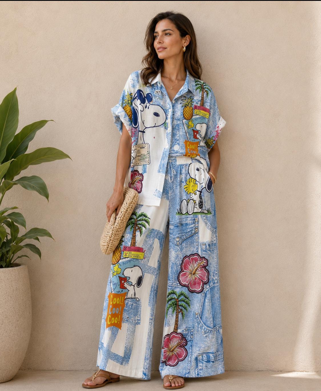 Snoopy “Cool Cool Cool” Denim-Print Shirt & Wide-Leg Pant Set