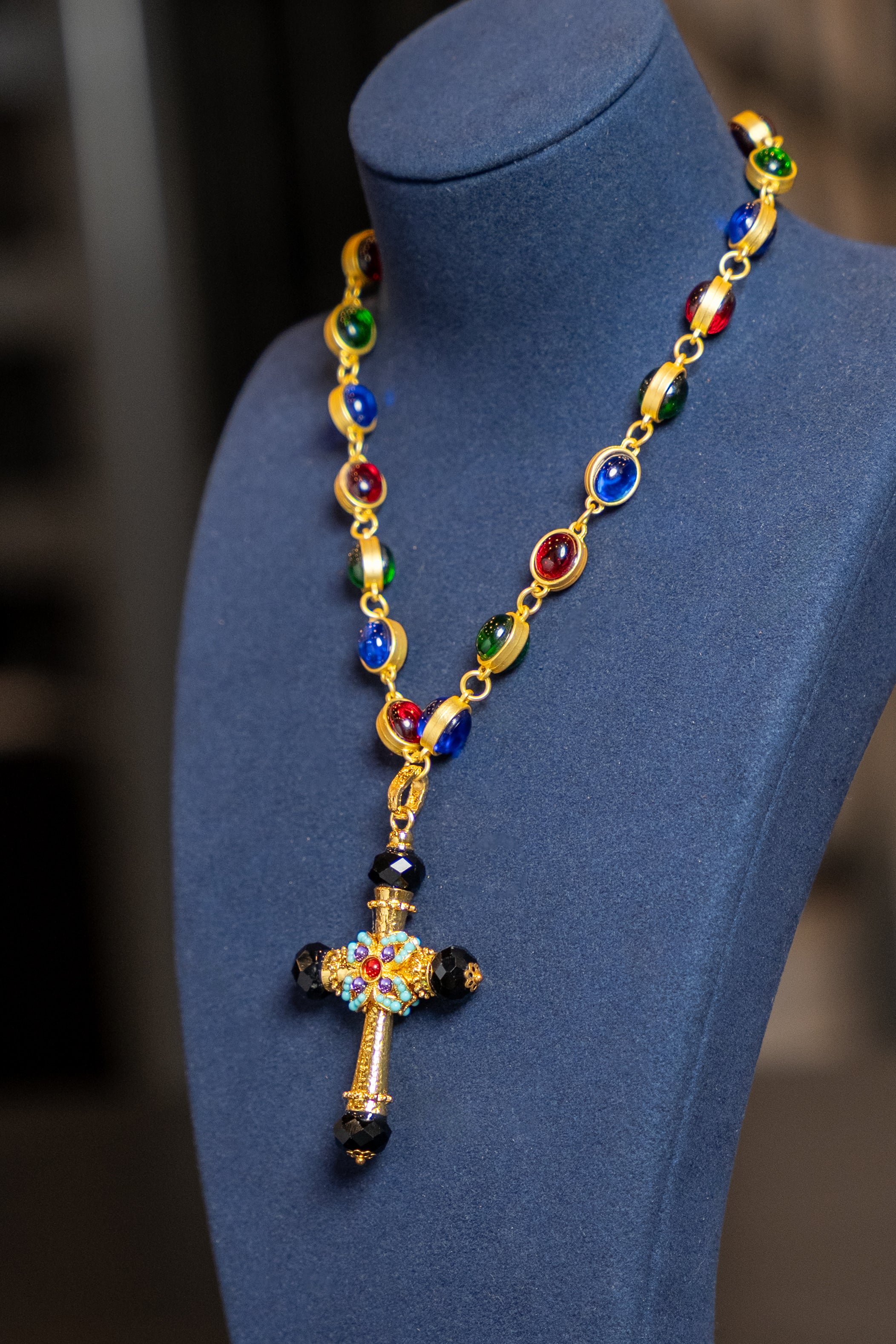 Multicolor Cabochon Cross Statement Necklace