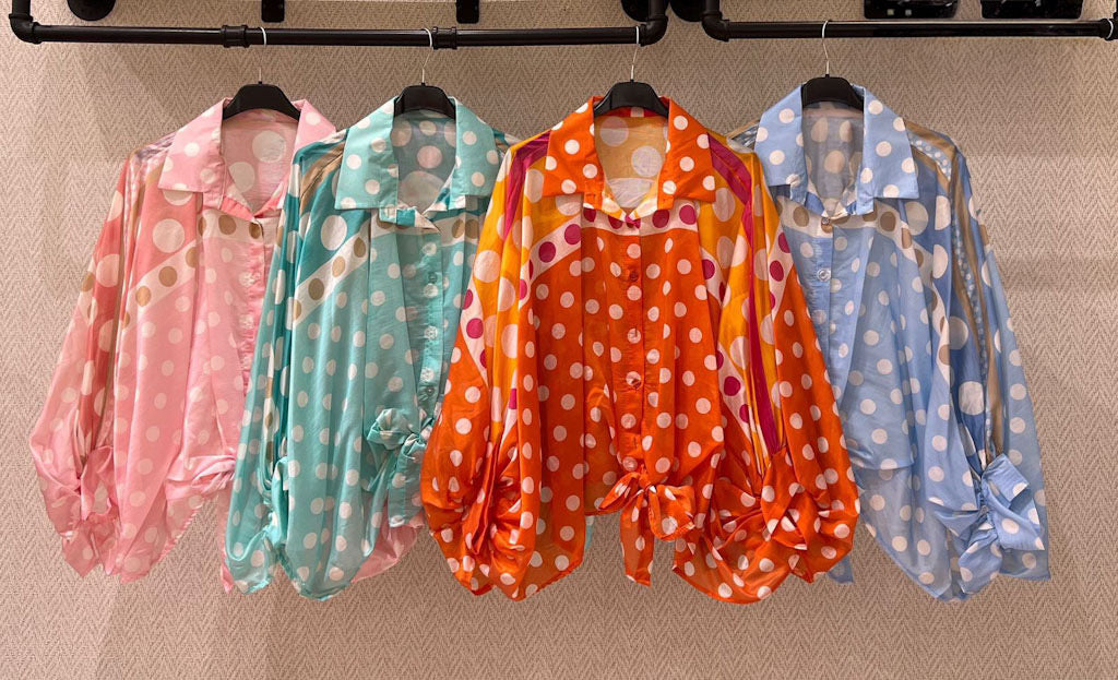 Polka Dot Tie-Front Button-Down Blouse