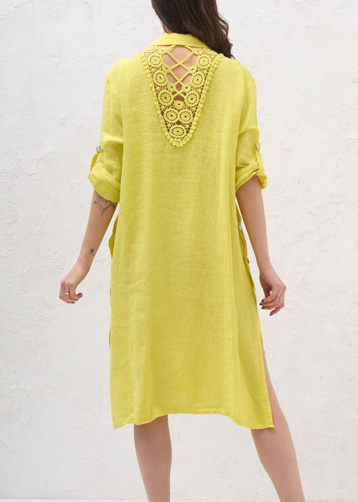 Linen Button-Up Dress with Crochet Back Detail