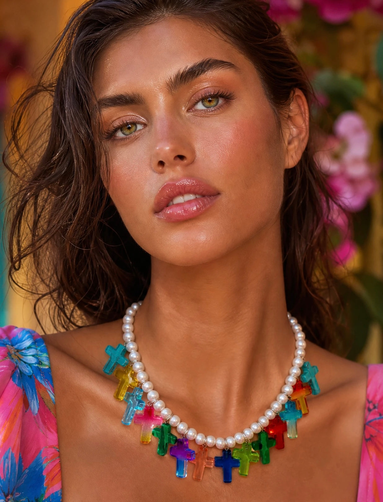 Rainbow Cross Pearl Necklace