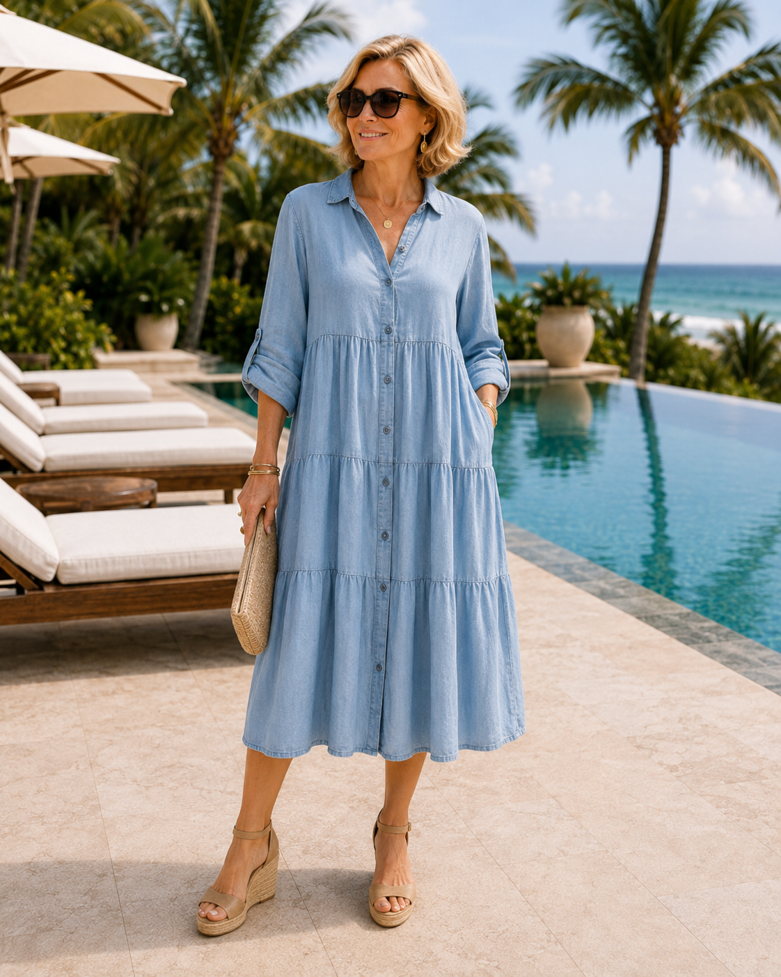 The Sunday Stroll Tiered Denim Dress