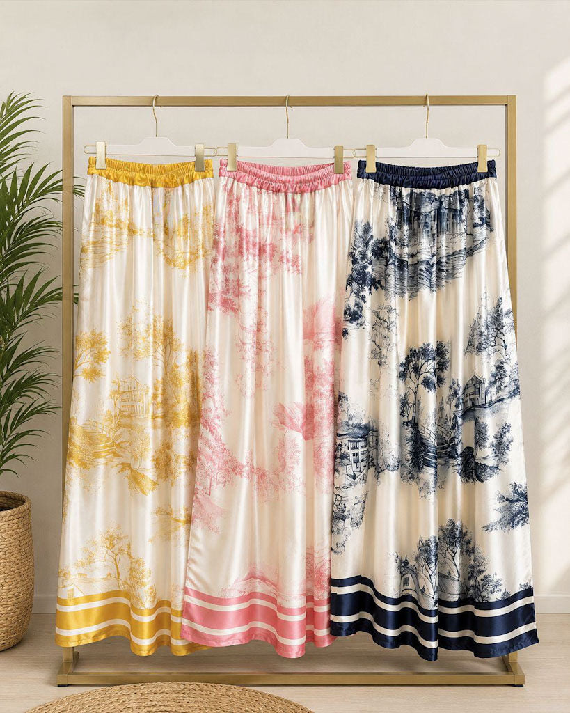 Toile Print Silk Top & Wide-Leg Pant Set