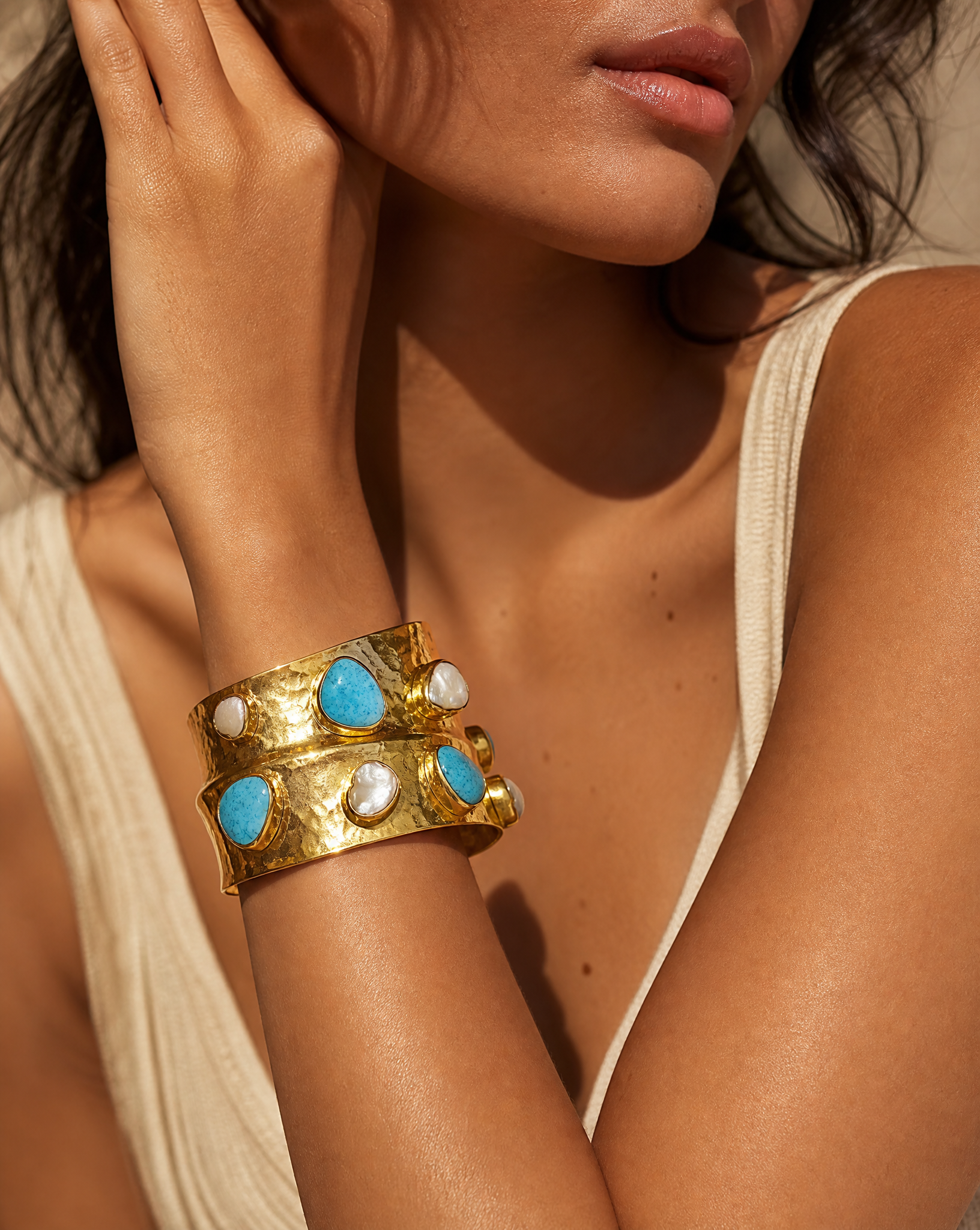 Turquoise & Mother-of-Pearl Double Band Gold Cuff