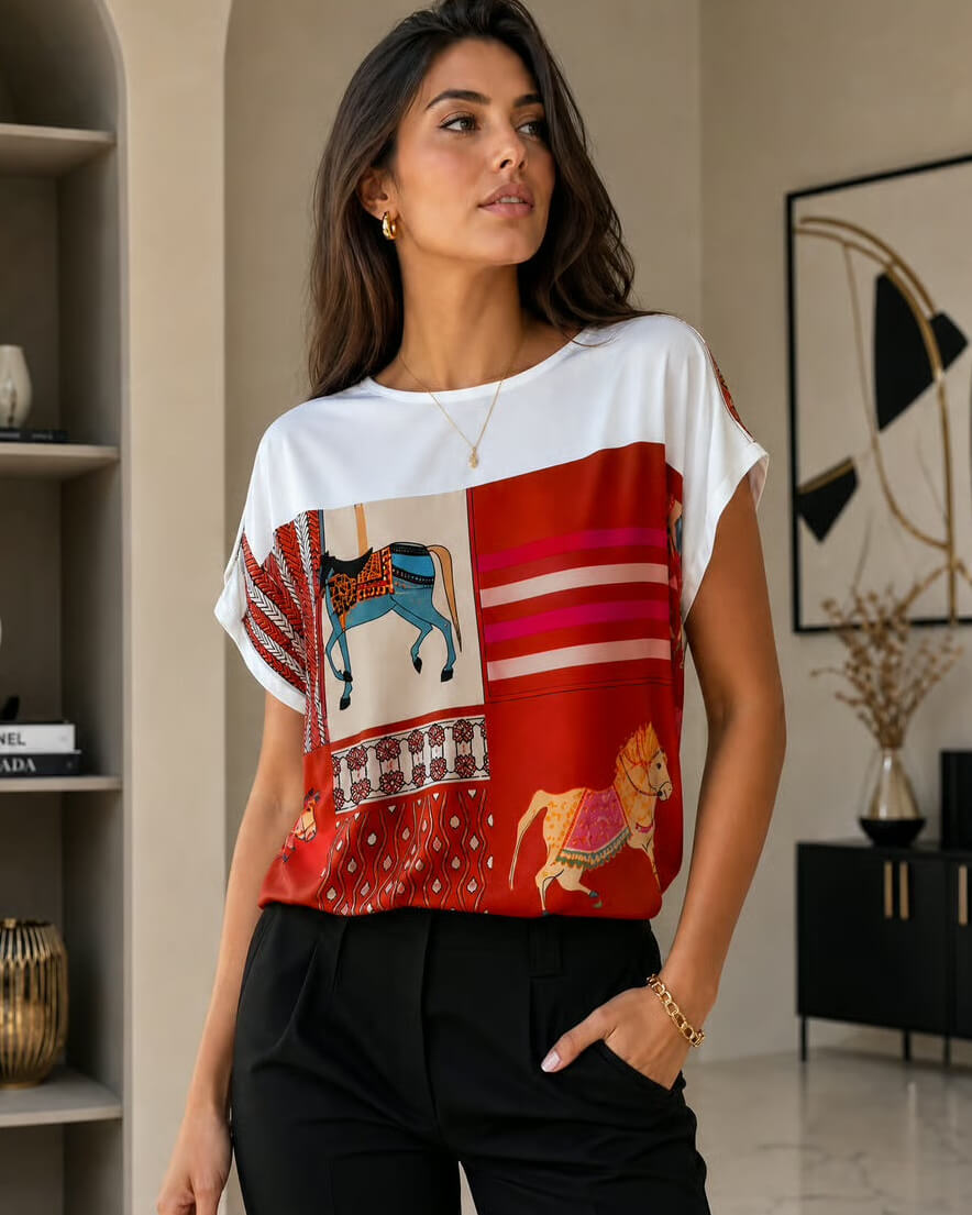 A woman wearing a short-sleeve white top with a colorful block-print style panel featuring red, pink, beige, and blue horse motifs, paired with black pants, in an indoor setting.