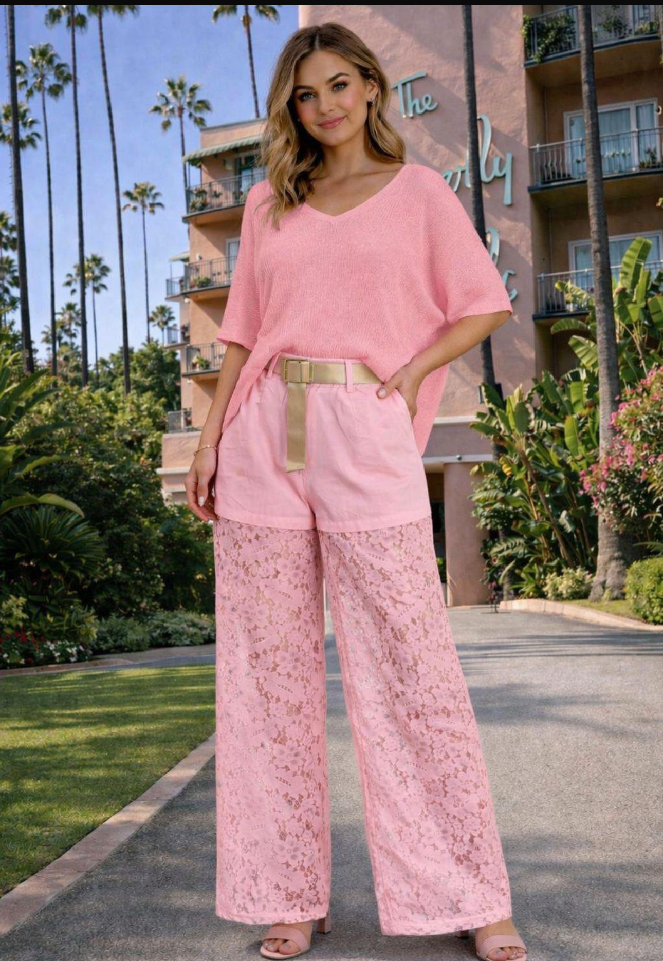 Blush Lace Wide-Leg Pant