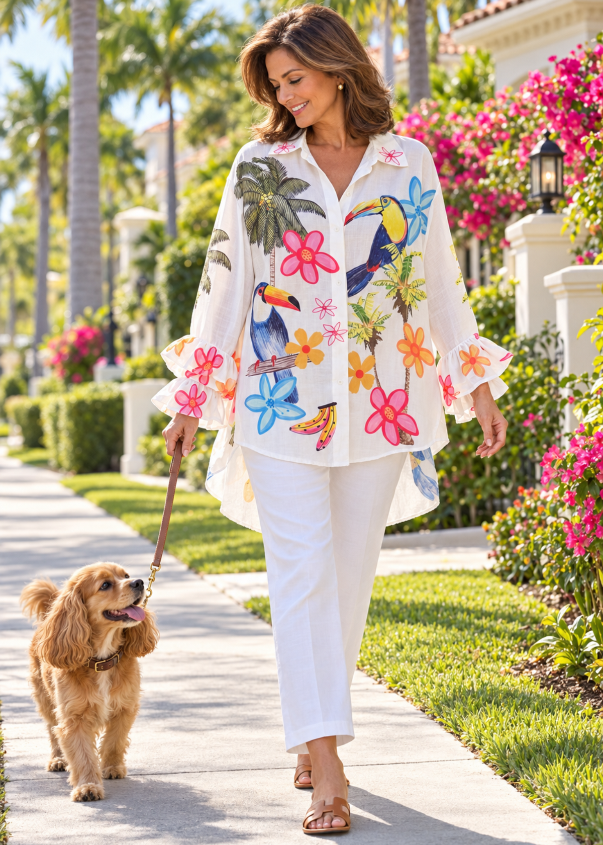 Tropical Joy Toucan Ruffle-Cuff Blouse