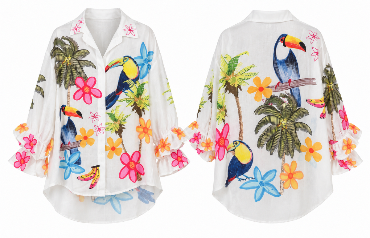 Tropical Joy Toucan Ruffle-Cuff Blouse