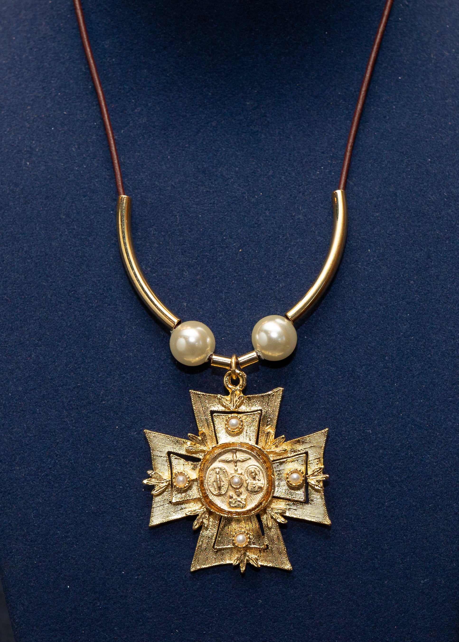 Pearl Cross Medallion Leather Cord Necklace