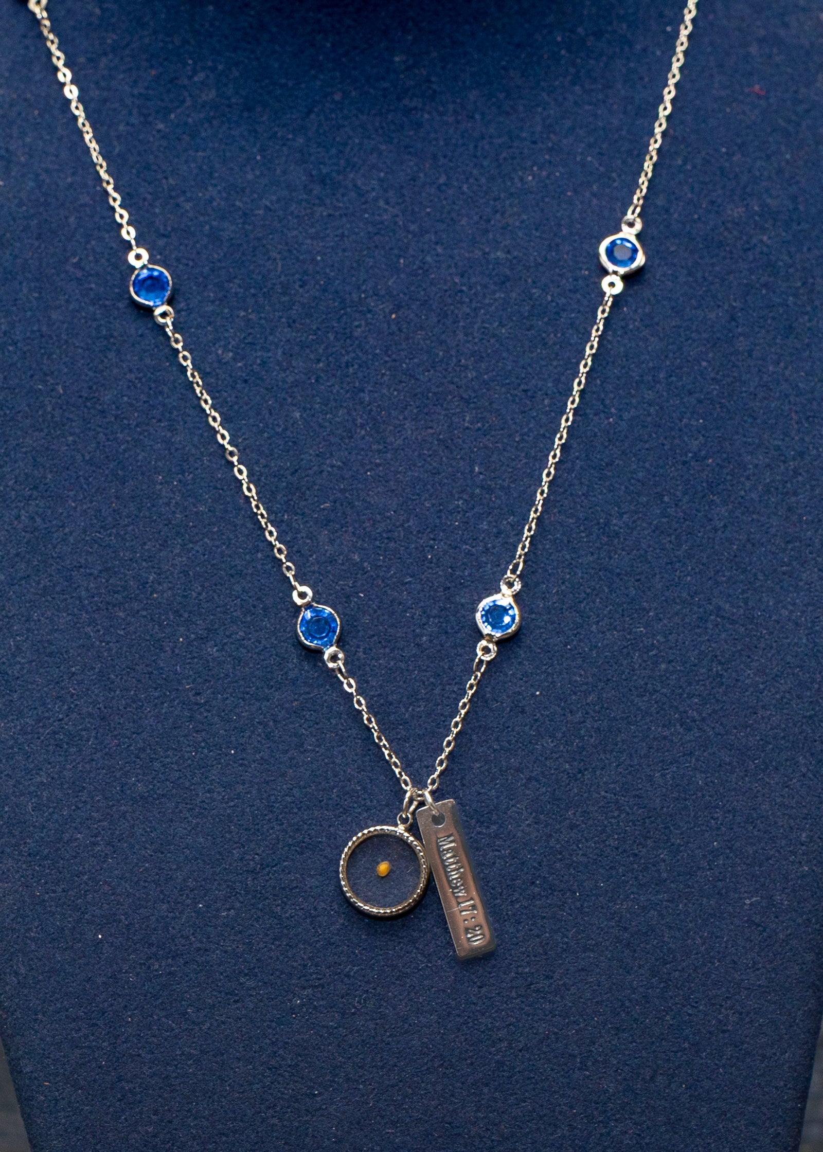 "Matthew 17:20" Mustard Seed Faith Necklace – Blue Crystal Chain