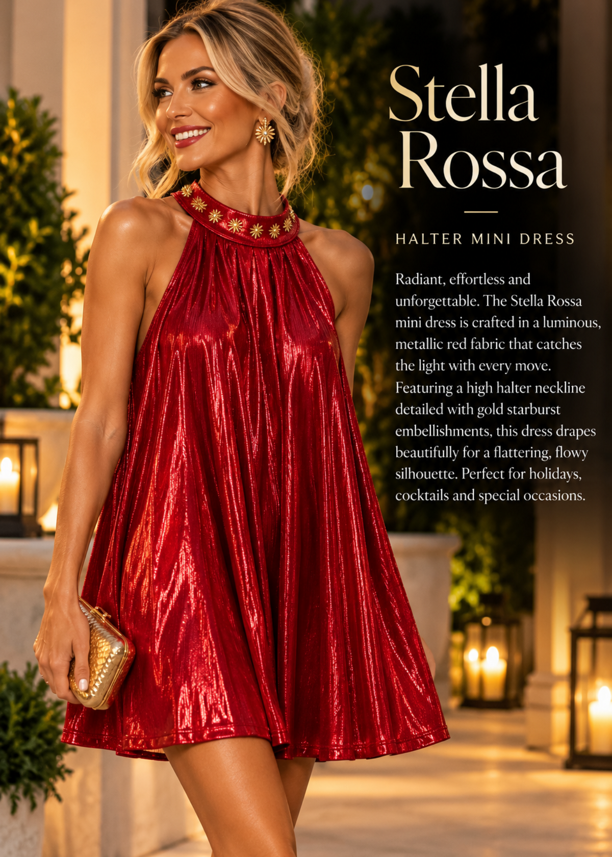 Stella Rossa – Metallic Halter Mini Dress