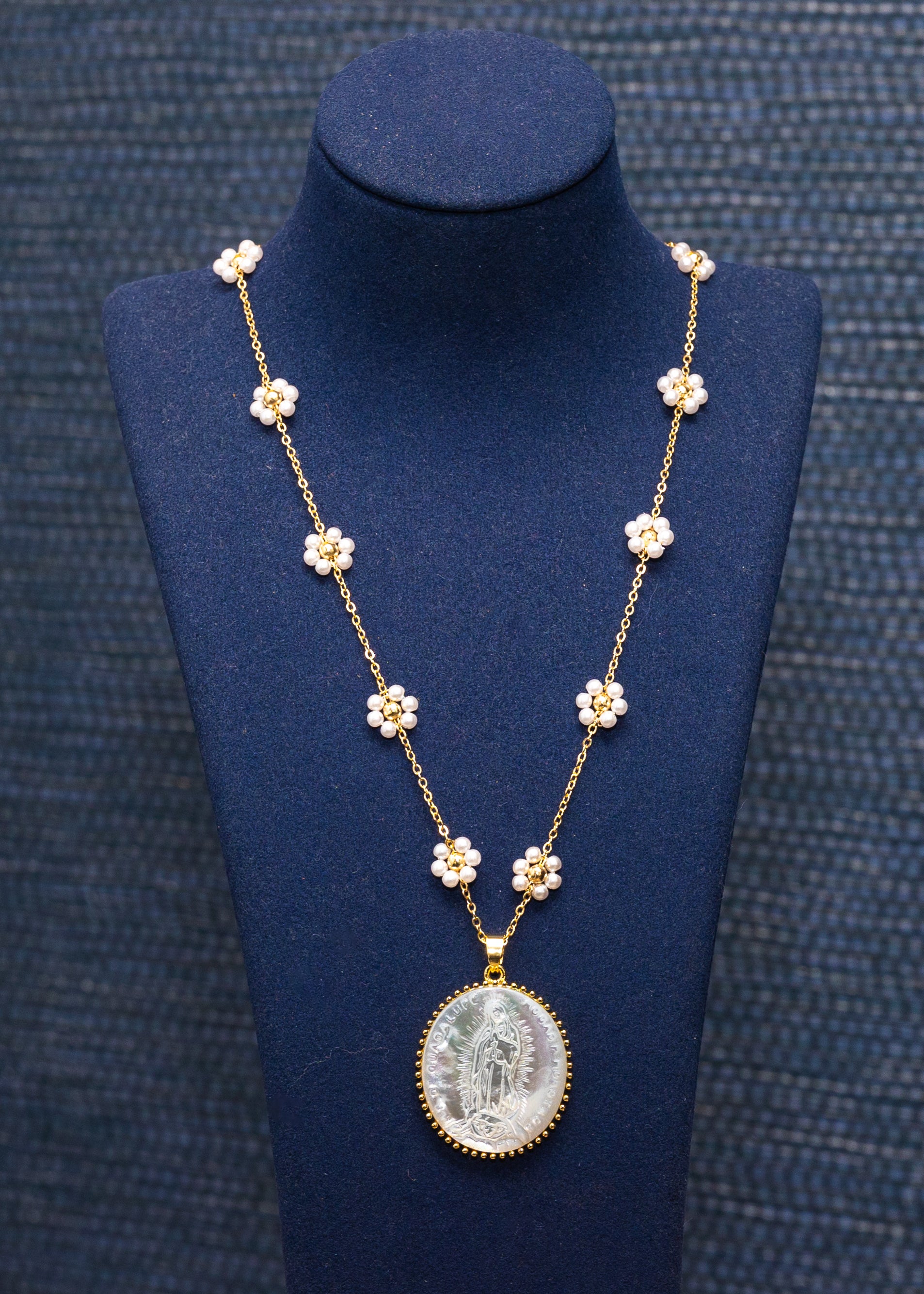 Mother of Pearl Guadalupe Medal Necklace