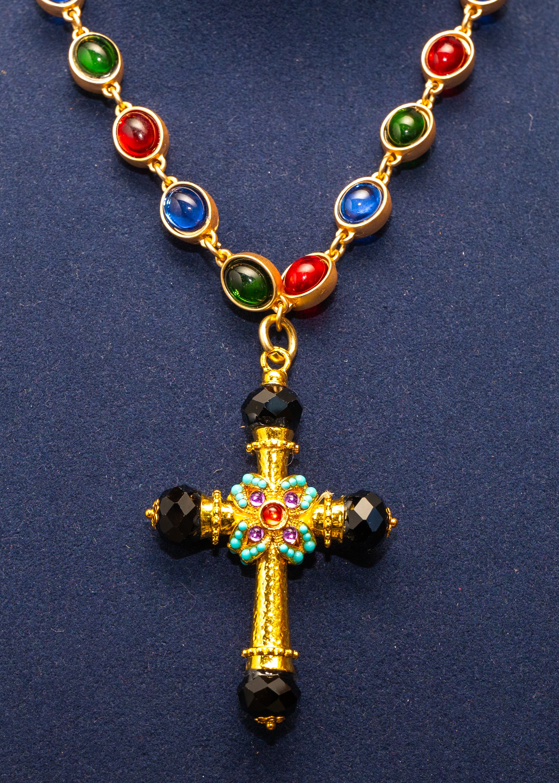 Multicolor Cabochon Cross Statement Necklace