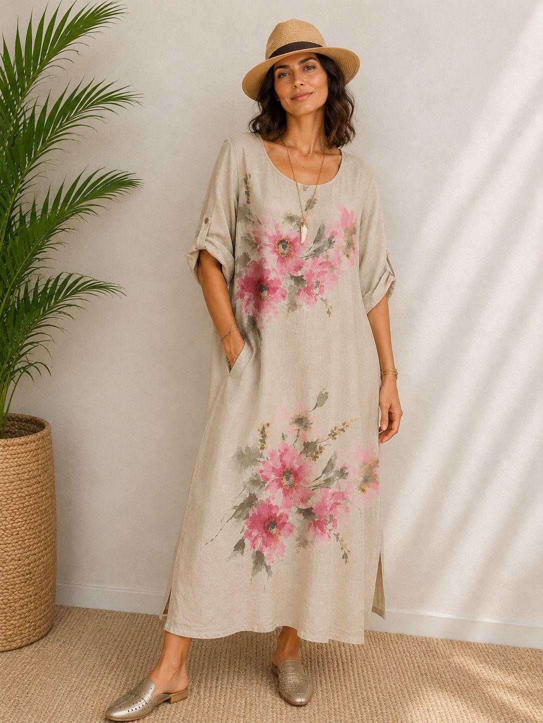Watercolor Floral Linen Maxi Dress