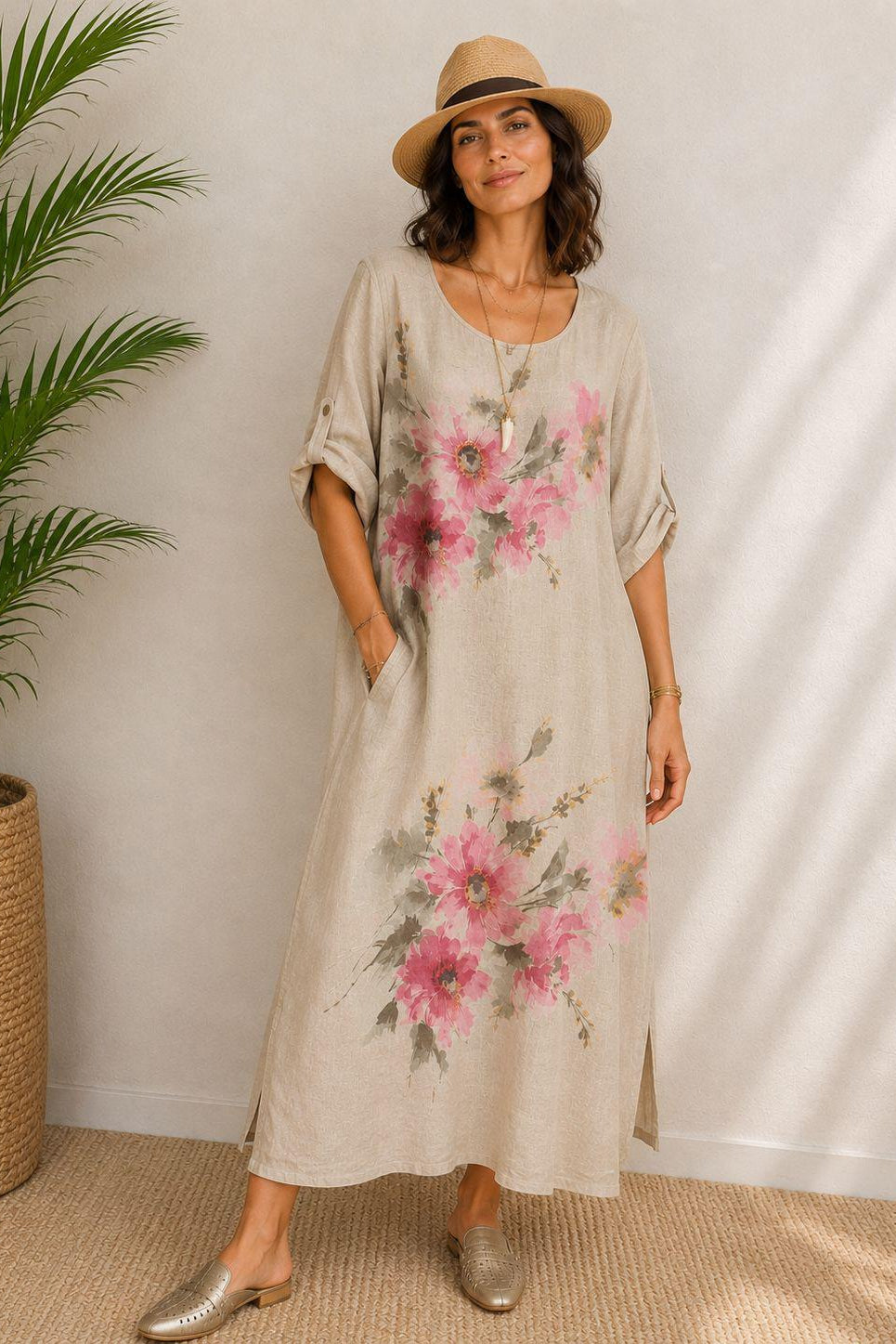 Watercolor Floral Linen Maxi Dress
