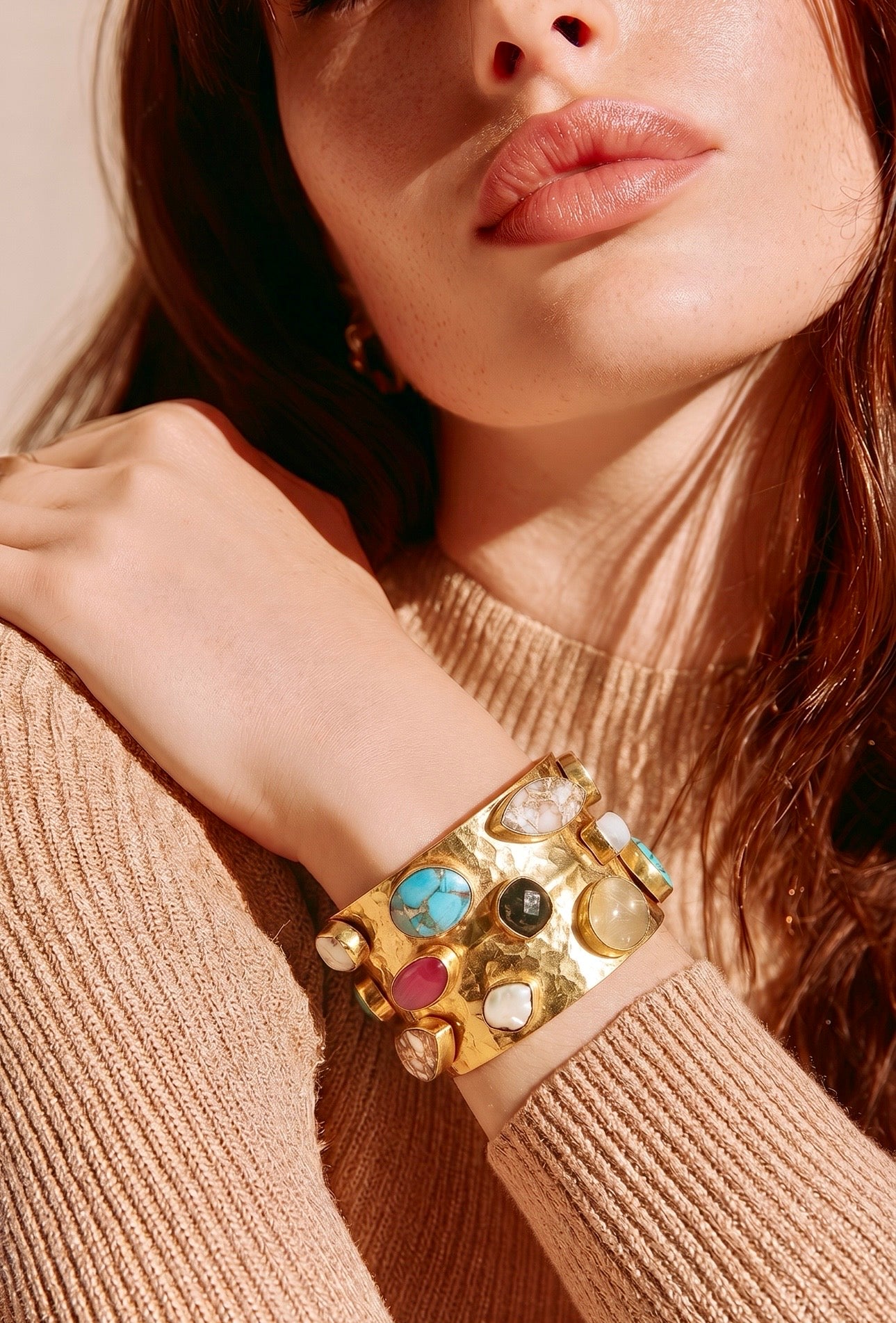 Multi-Stone Hammered Gold Cuff Bracelet