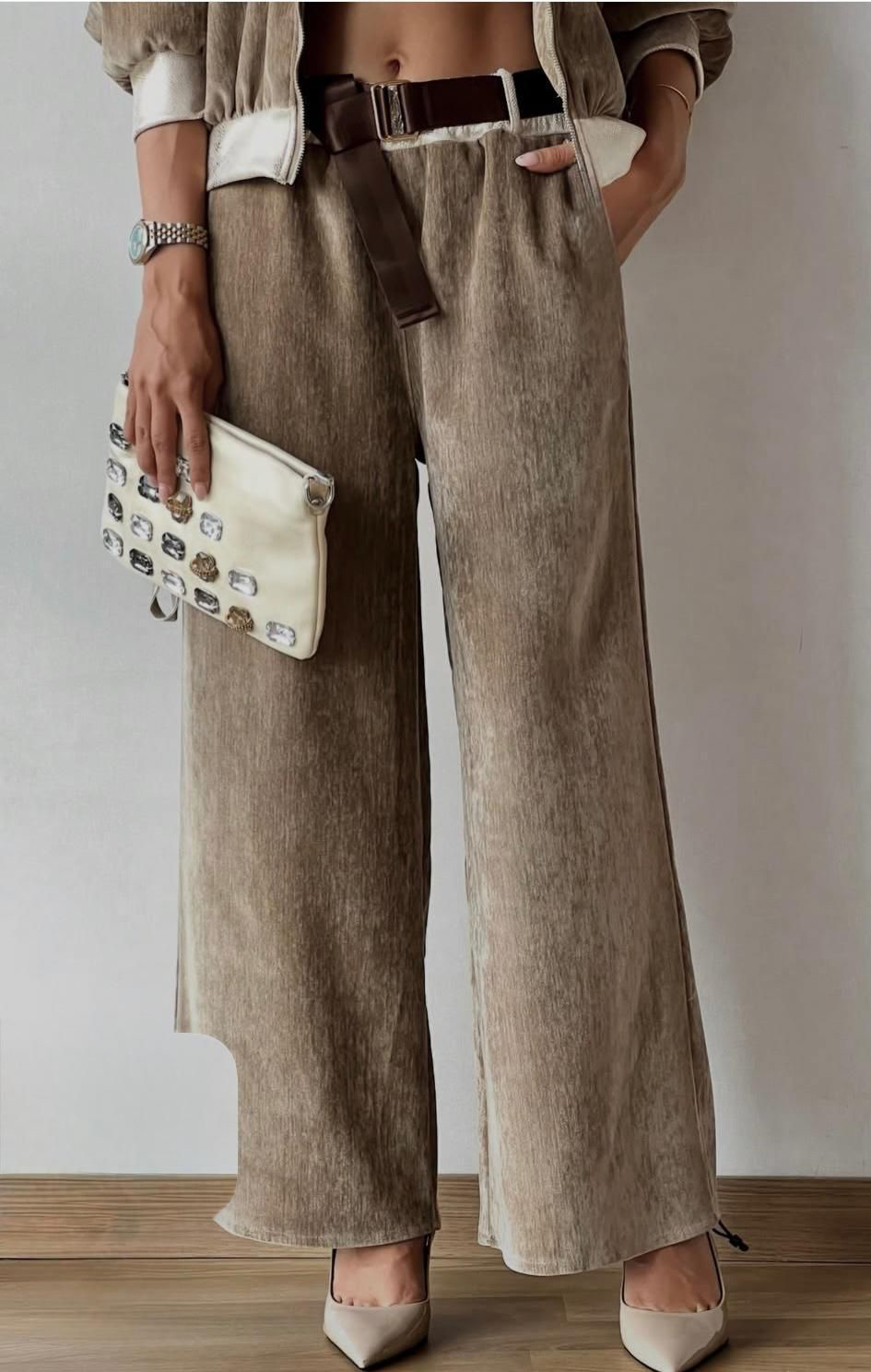 Velvet Corduroy Wide-Leg Belted Pant