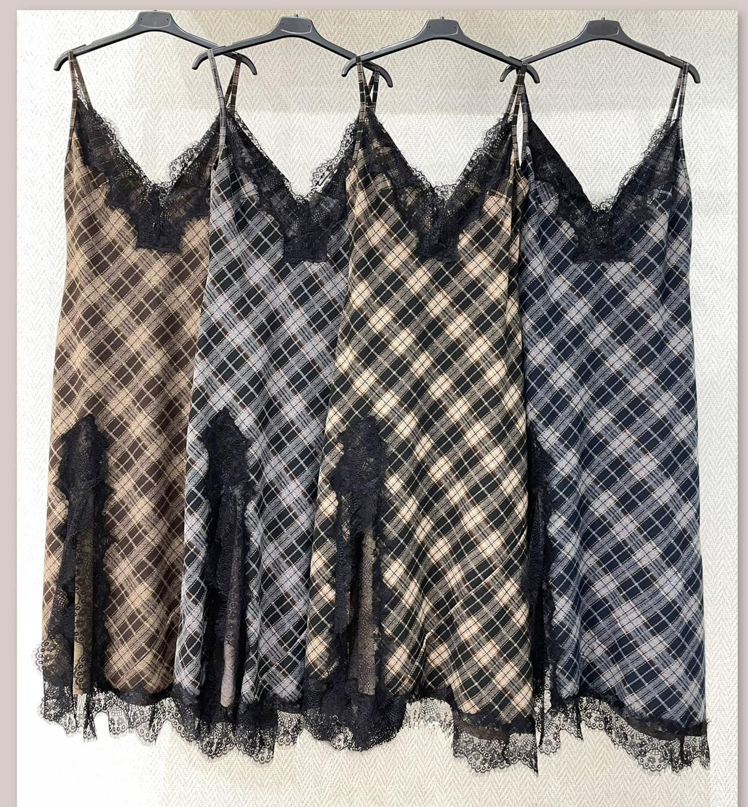 Plaid Lace-Trim Slip Dress