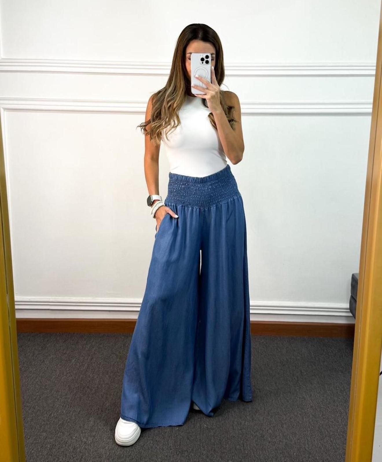 Denim Smocked Waist Wide-Leg Pants