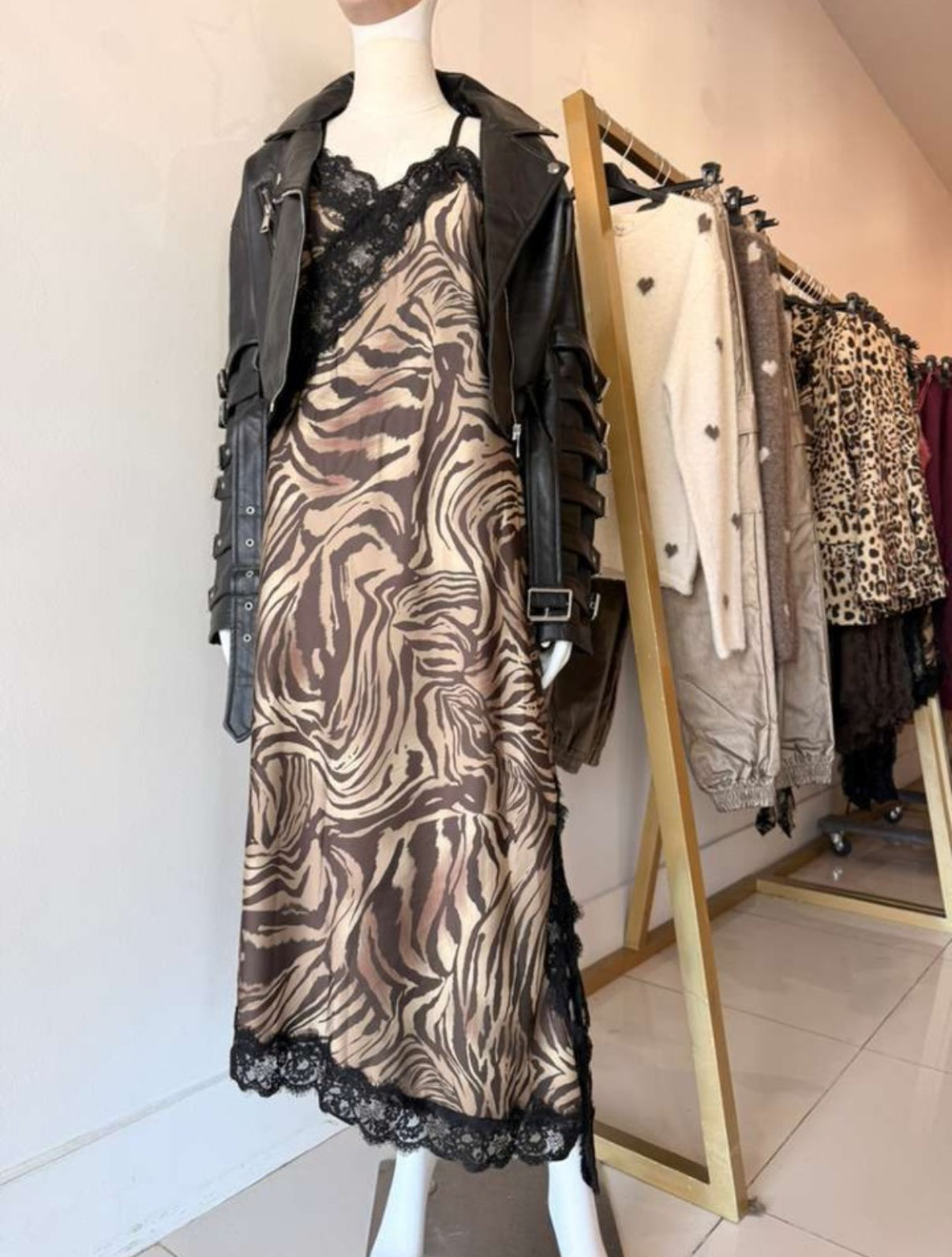 Zebra Lace Trim Midi Slip Dress