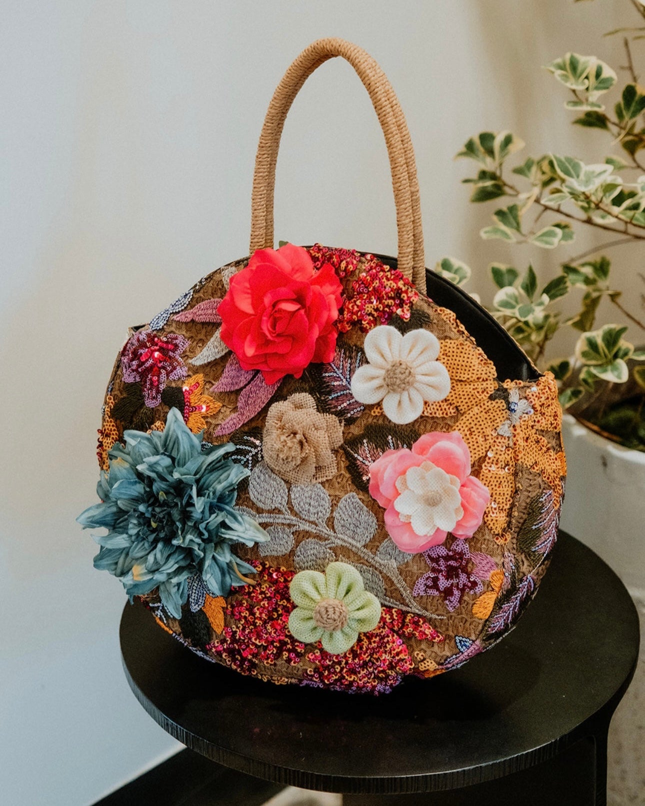 Artisan Round Floral Embellished Tote