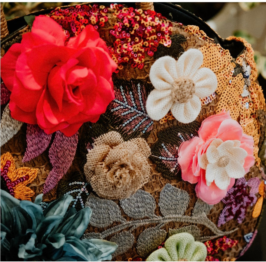 Artisan Round Floral Embellished Tote